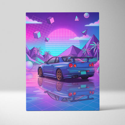 Nissan GT-R R34 Inspired Neon Vaporwave Car Dream - Car Pink Purple Blue Dreamy Retro Futurism Living Room Vaporwave Canvas