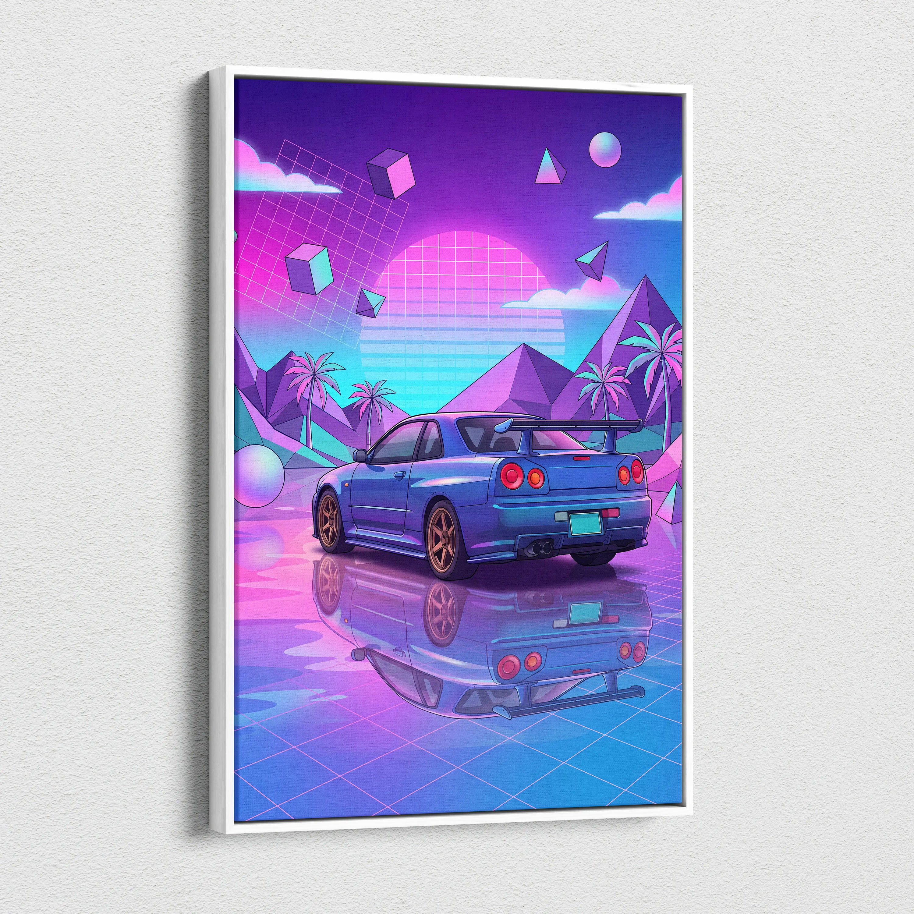 Nissan GT-R R34 Inspired Neon Vaporwave Car Dream - Car Pink Purple Blue Dreamy Retro Futurism Living Room Vaporwave Canvas