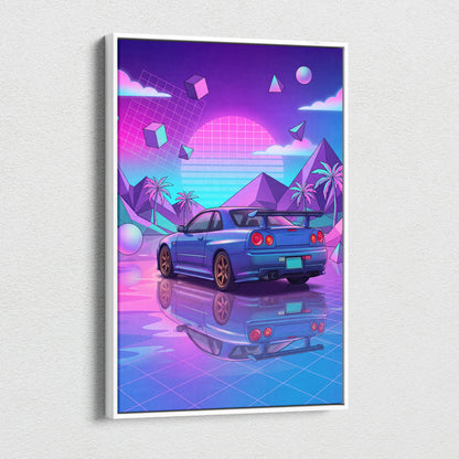 Nissan GT-R R34 Inspired Neon Vaporwave Car Dream - Car Pink Purple Blue Dreamy Retro Futurism Living Room Vaporwave Canvas