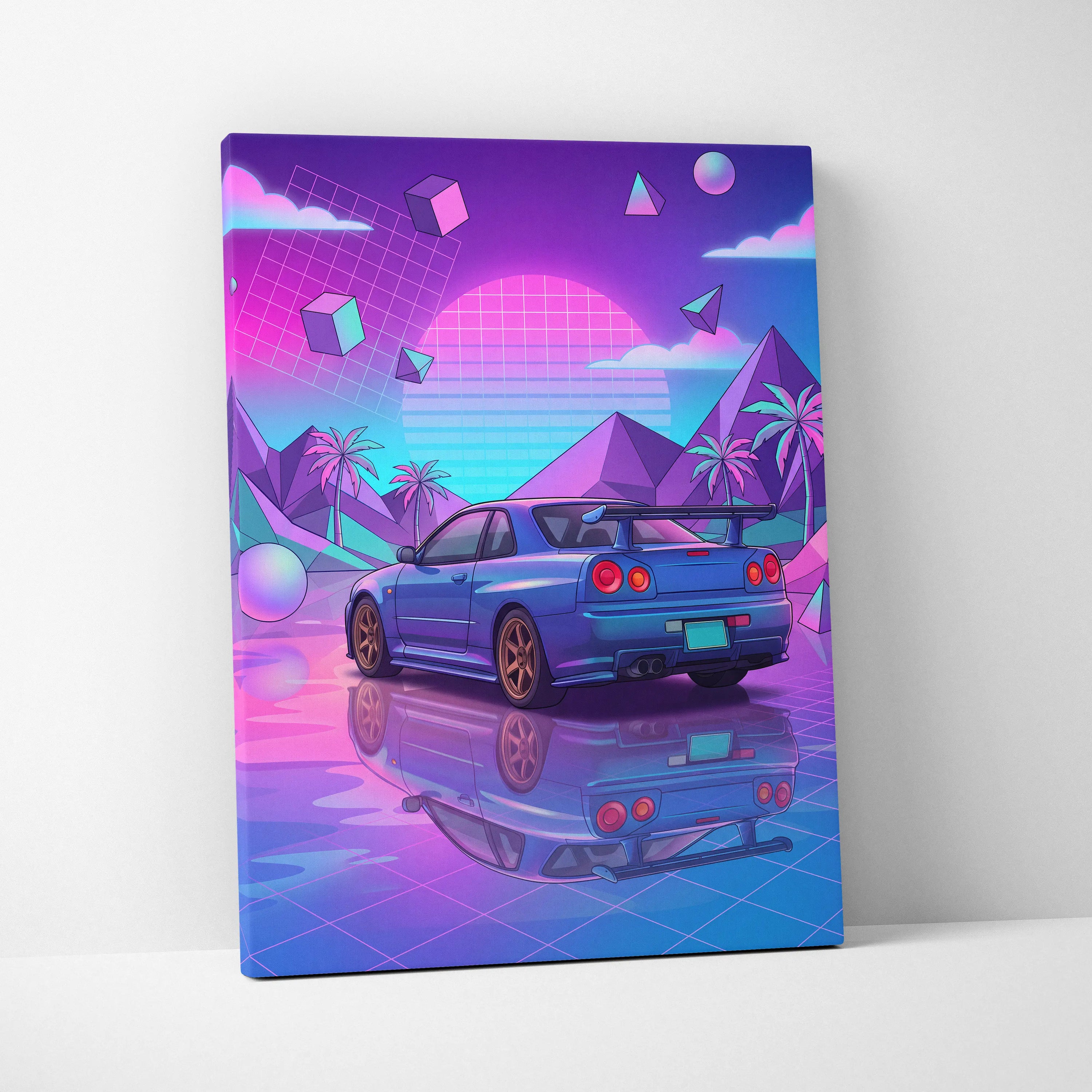 Nissan GT-R R34 Inspired Neon Vaporwave Car Dream - Car Pink Purple Blue Dreamy Retro Futurism Living Room Vaporwave Canvas