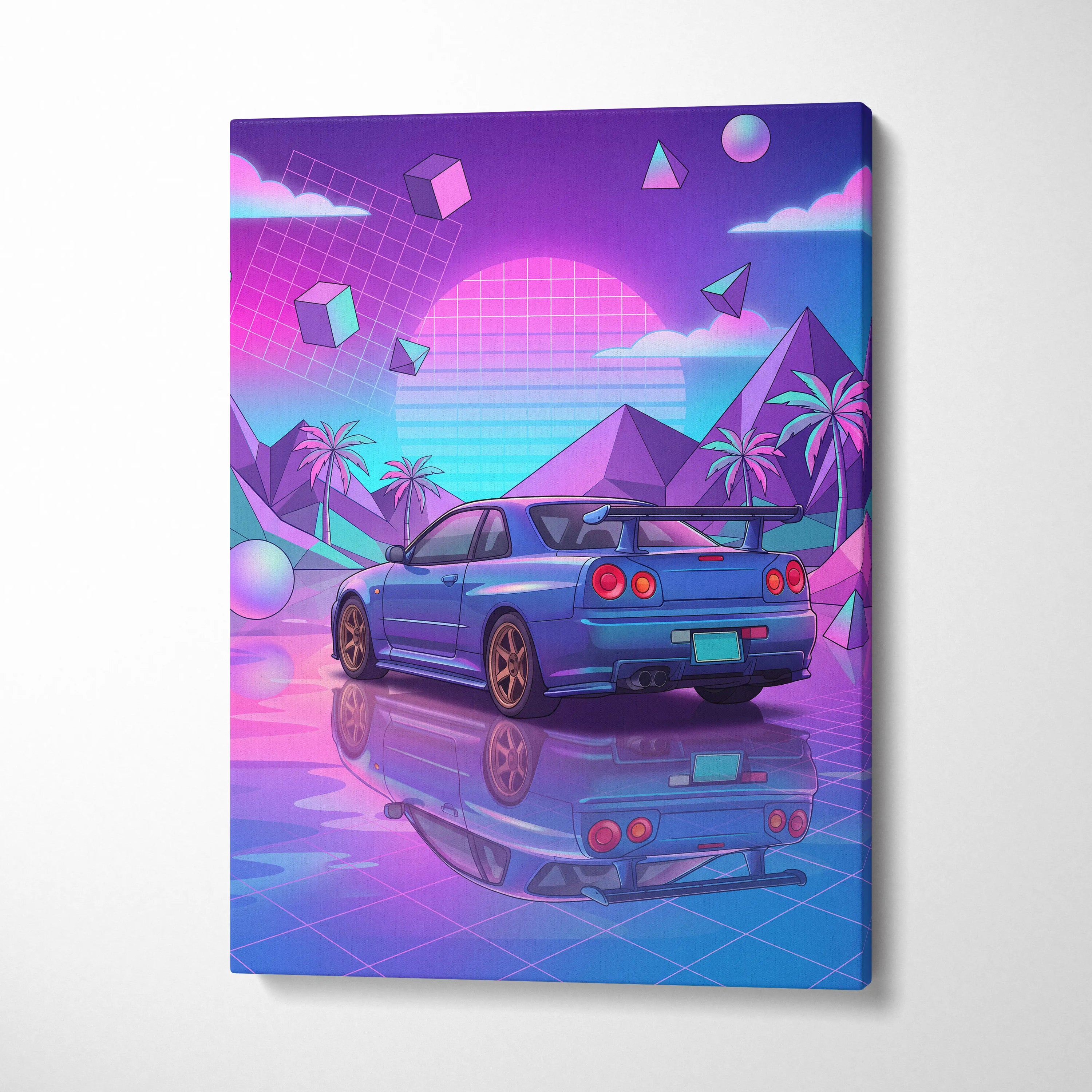 Nissan GT-R R34 Inspired Neon Vaporwave Car Dream - Car Pink Purple Blue Dreamy Retro Futurism Living Room Vaporwave Canvas