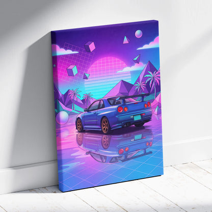 Nissan GT-R R34 Inspired Neon Vaporwave Car Dream - Car Pink Purple Blue Dreamy Retro Futurism Living Room Vaporwave Canvas