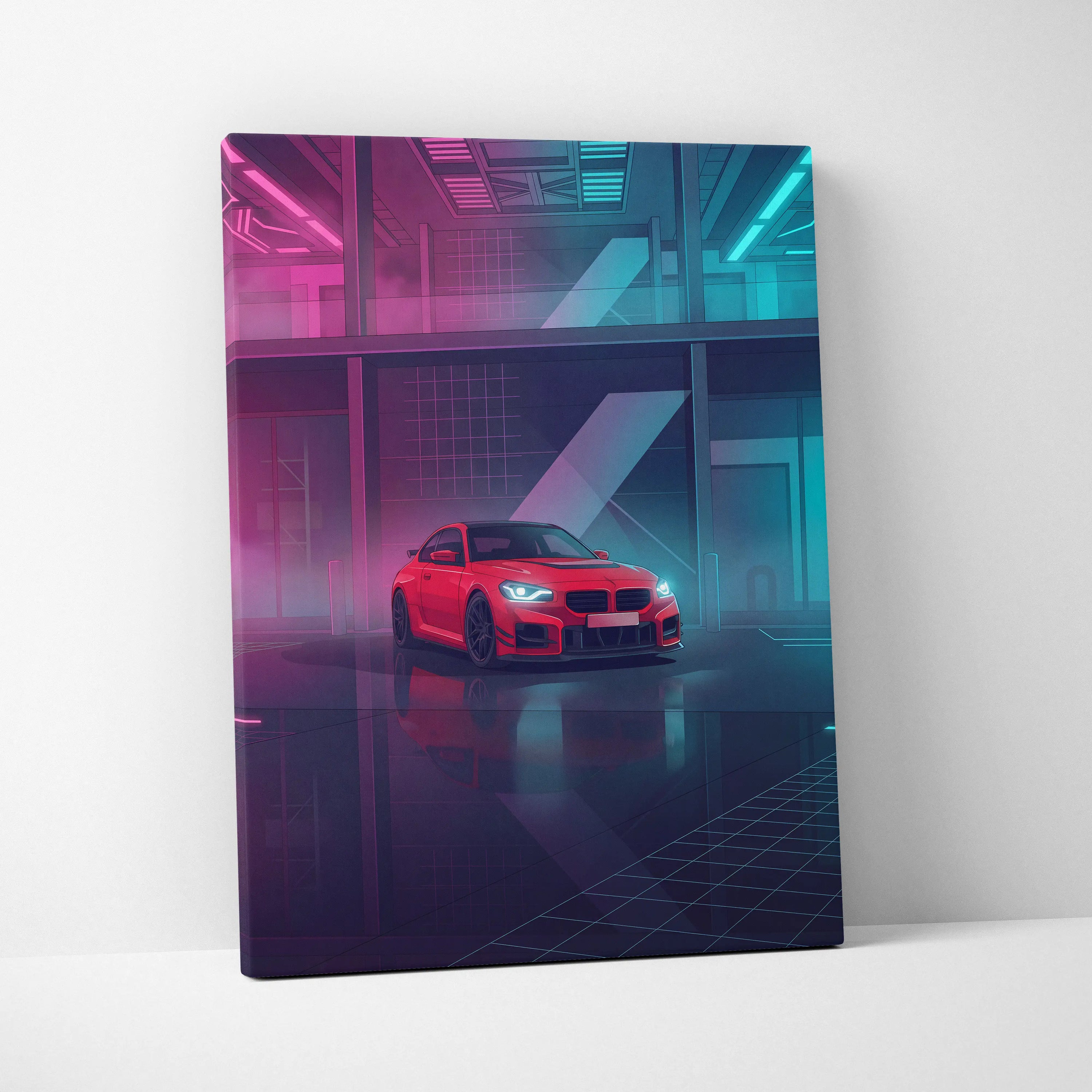 BMW M2 Inspired Neon Horizon Vaporwave Canvas - Car Art Pink Teal Living Room Vaporwave Nostalgic Neon Canvas Print