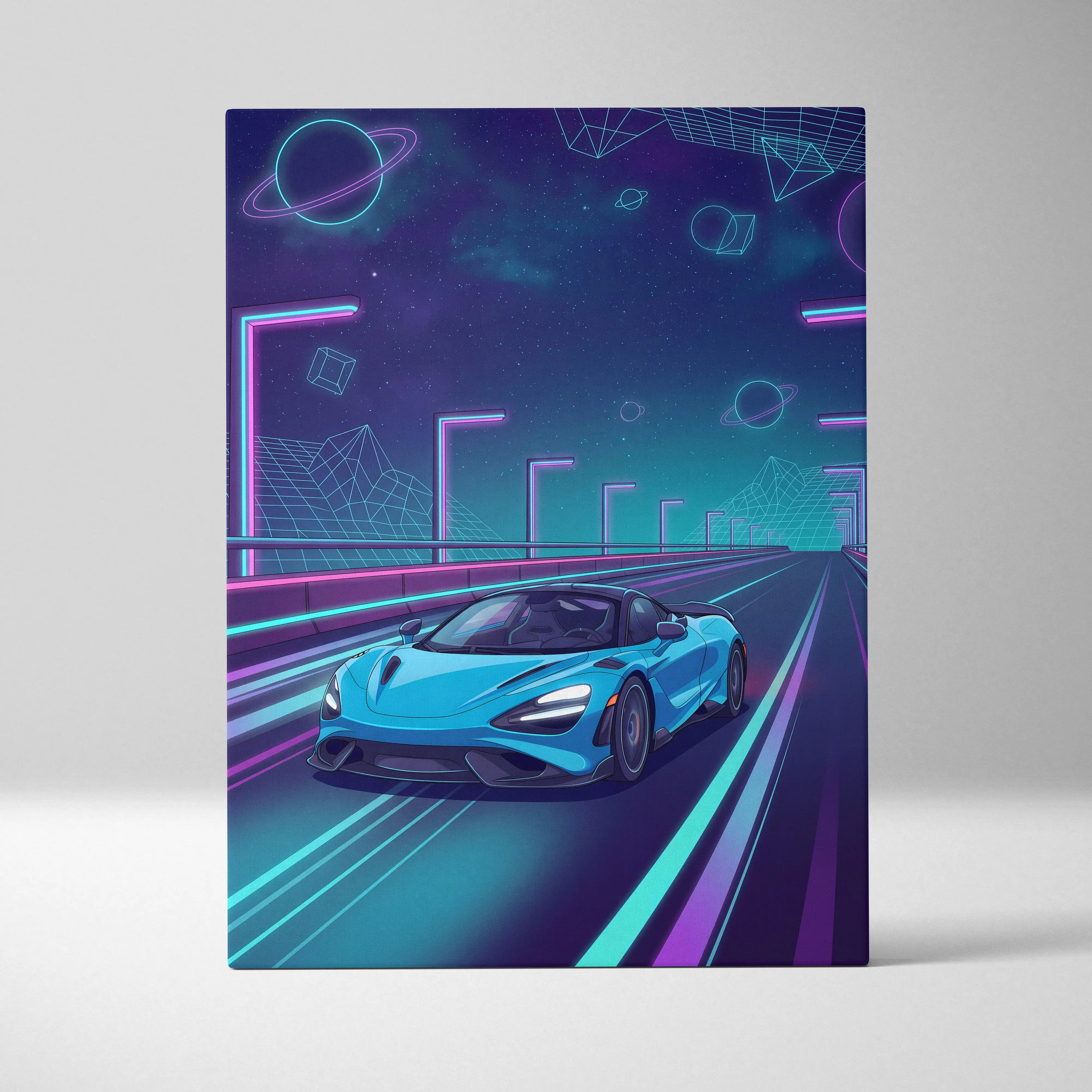 A vibrant blue mclaren 765lt canvas art featuring a neon vaporwave sports car on a retro-futuristic highway at night