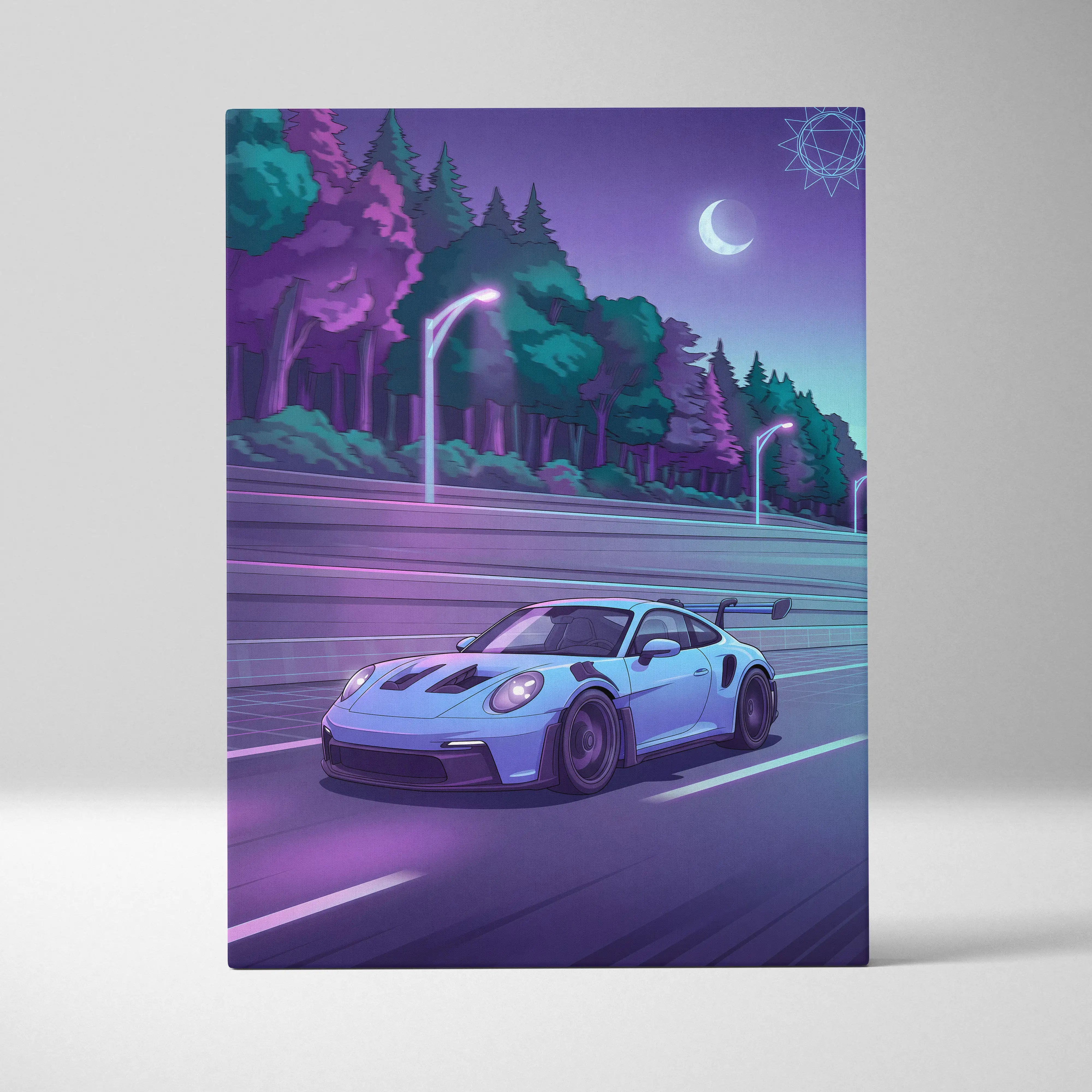 A sleek light blue Porsche 911 GT3 sports car with black rear wing on canvas in neon night vaporwave style