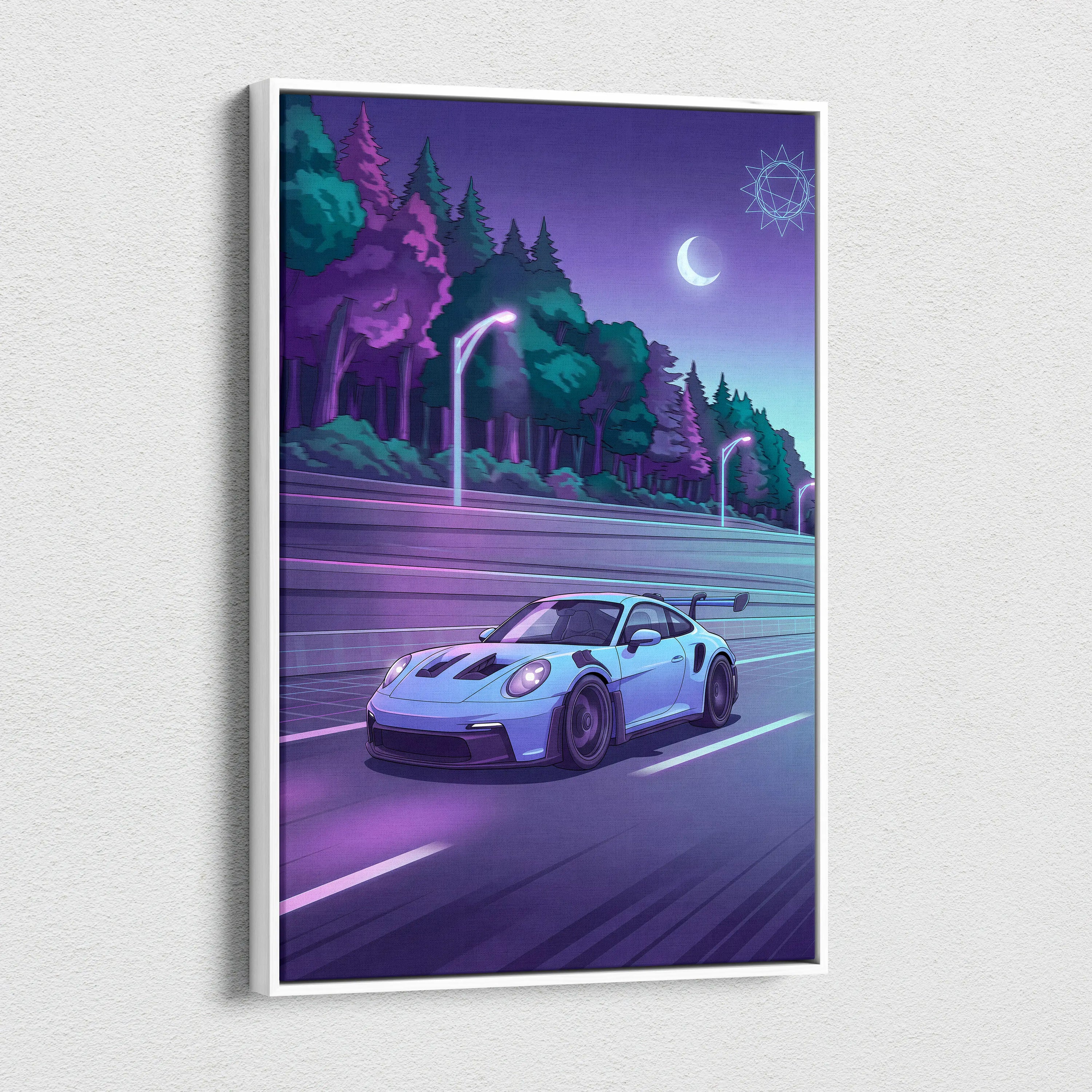 Porsche 911 GT3RS Inspired Neon Night Drive Vaporwave - Sports Car Neon Purple Teal Living Room Dreamy Mood Vaporwave Canvas