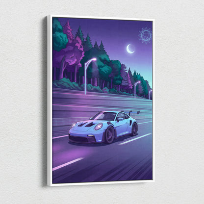 Porsche 911 GT3RS Inspired Neon Night Drive Vaporwave - Sports Car Neon Purple Teal Living Room Dreamy Mood Vaporwave Canvas