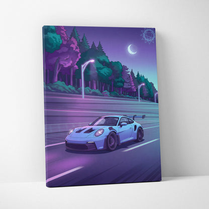 Porsche 911 GT3RS Inspired Neon Night Drive Vaporwave - Sports Car Neon Purple Teal Living Room Dreamy Mood Vaporwave Canvas
