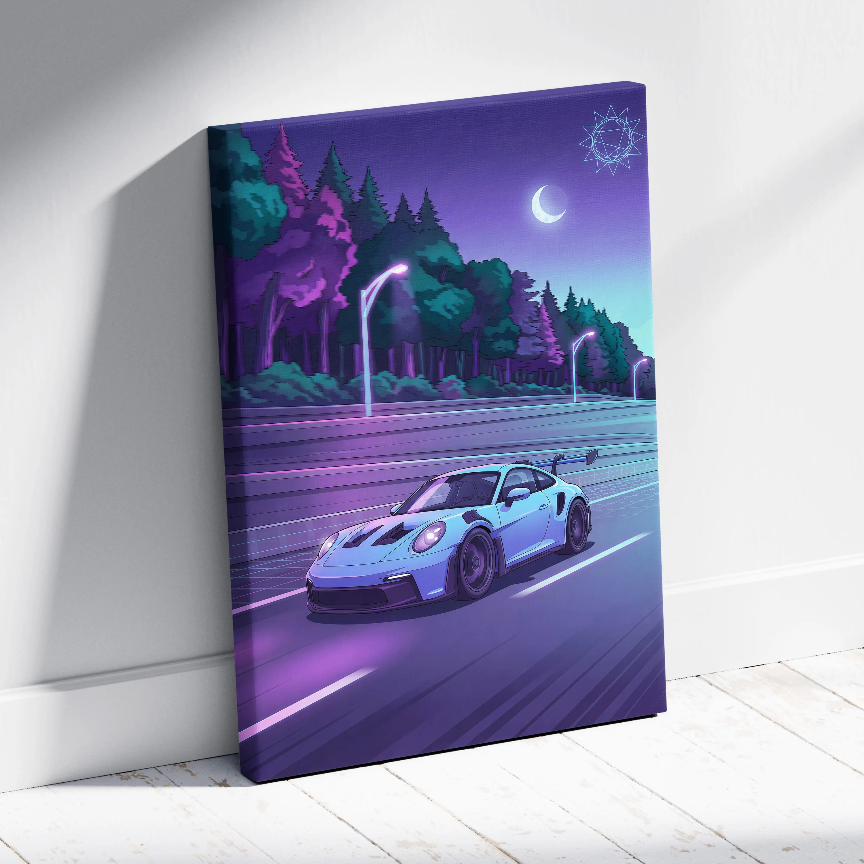 Porsche 911 GT3RS Inspired Neon Night Drive Vaporwave - Sports Car Neon Purple Teal Living Room Dreamy Mood Vaporwave Canvas