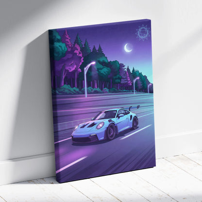 Porsche 911 GT3RS Inspired Neon Night Drive Vaporwave - Sports Car Neon Purple Teal Living Room Dreamy Mood Vaporwave Canvas