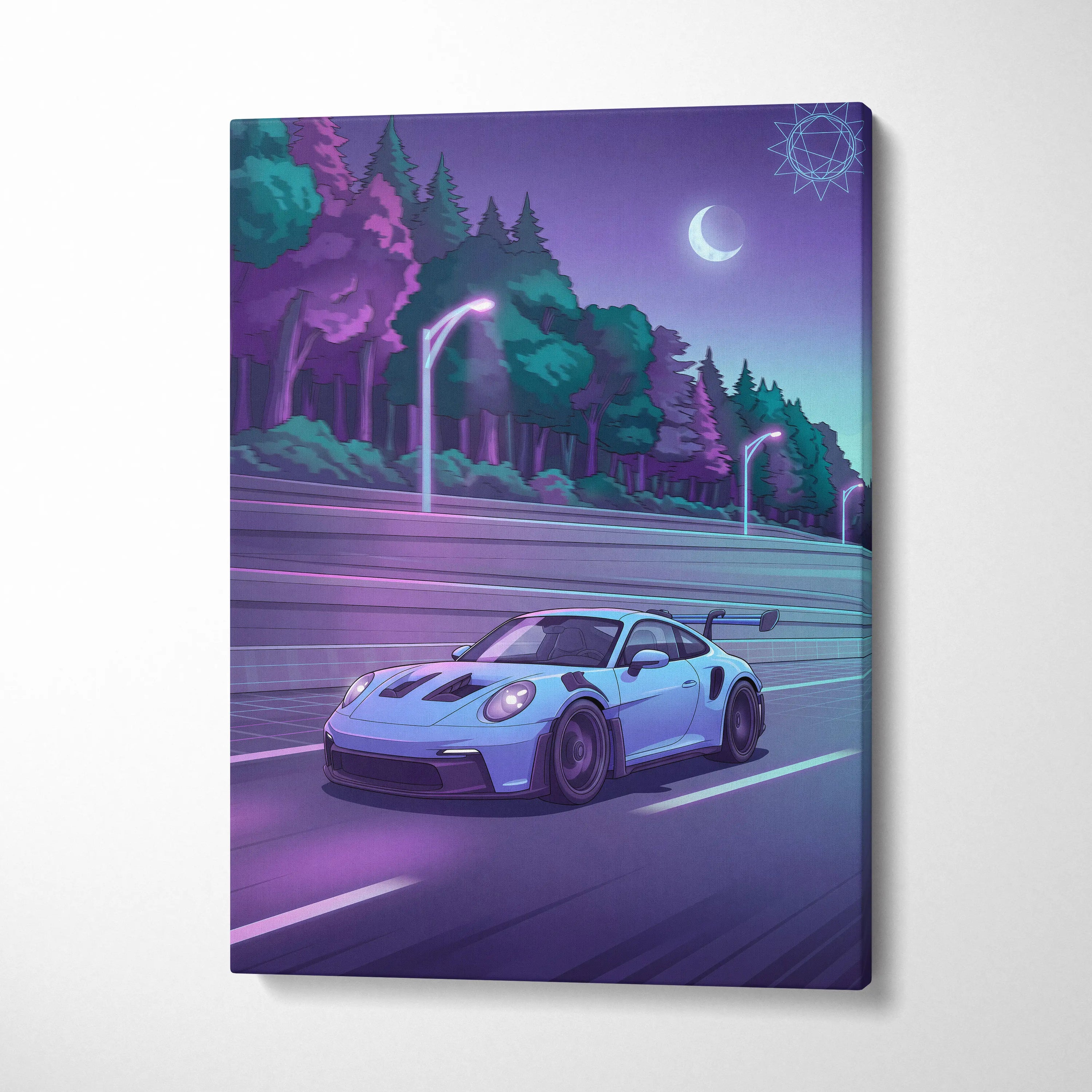 Porsche 911 GT3RS Inspired Neon Night Drive Vaporwave - Sports Car Neon Purple Teal Living Room Dreamy Mood Vaporwave Canvas