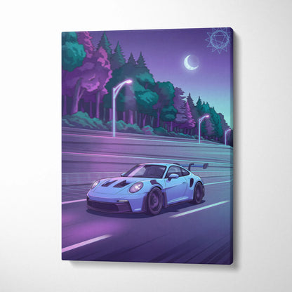 Porsche 911 GT3RS Inspired Neon Night Drive Vaporwave - Sports Car Neon Purple Teal Living Room Dreamy Mood Vaporwave Canvas
