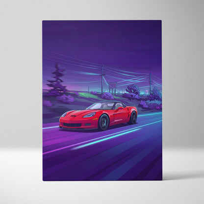 Chevrolet C6 Corvette Inspired, Neon Vaporwave Car Scene - Car Artwork Vaporwave Neon Purple Room Nostalgic Mood Canvas