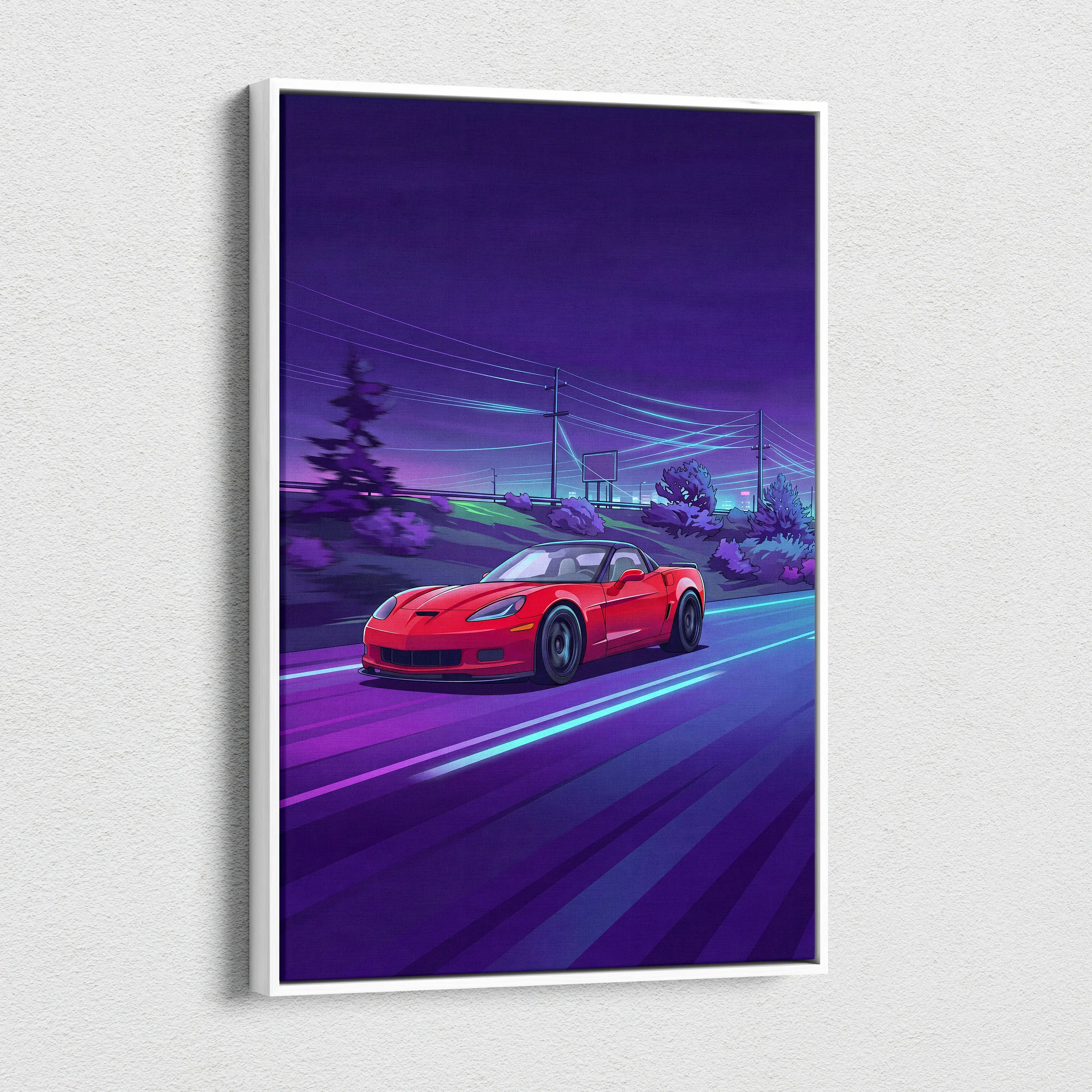 Chevrolet C6 Corvette Inspired, Neon Vaporwave Car Scene - Car Artwork Vaporwave Neon Purple Room Nostalgic Mood Canvas