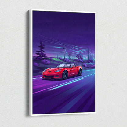 Chevrolet C6 Corvette Inspired, Neon Vaporwave Car Scene - Car Artwork Vaporwave Neon Purple Room Nostalgic Mood Canvas