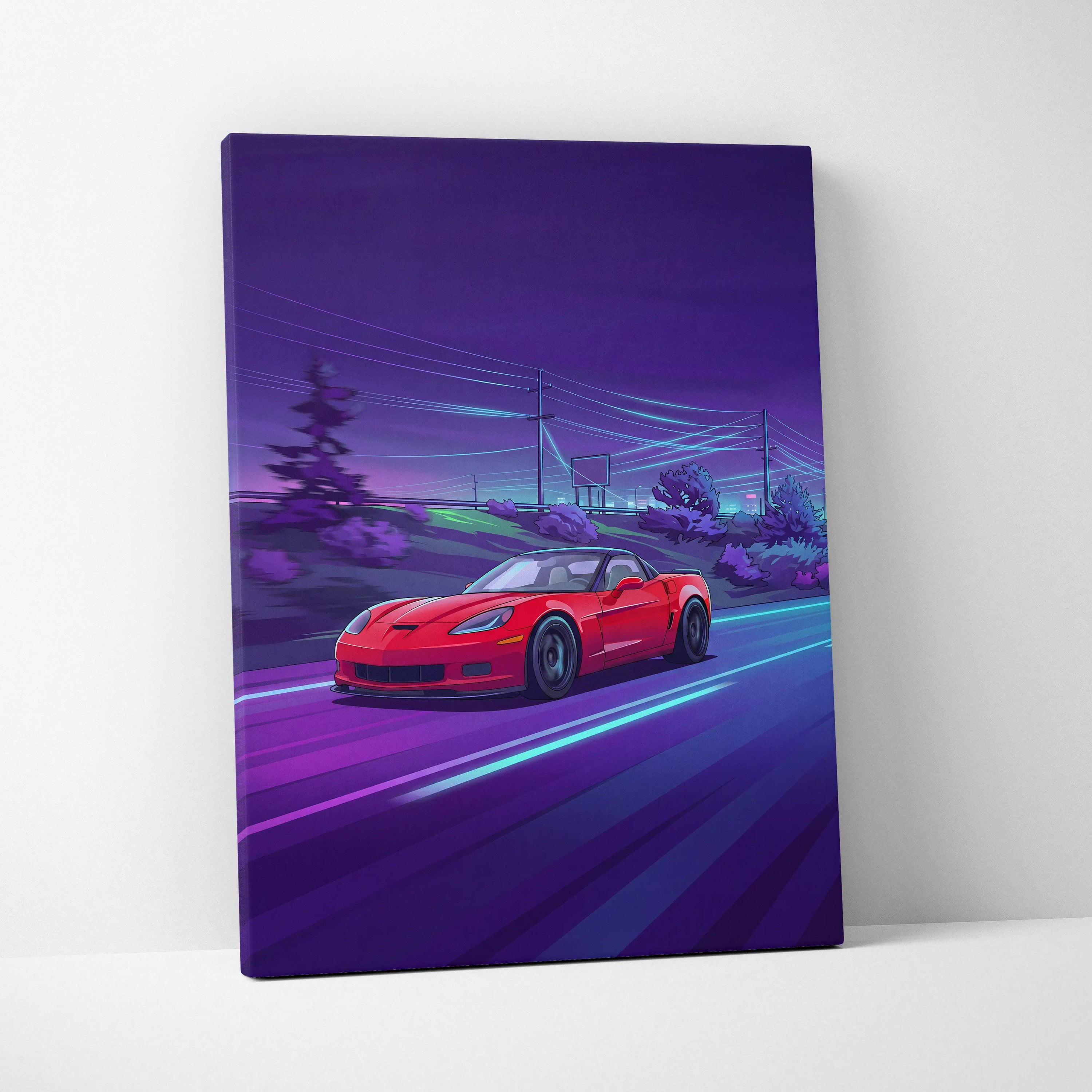 Chevrolet C6 Corvette Inspired, Neon Vaporwave Car Scene - Car Artwork Vaporwave Neon Purple Room Nostalgic Mood Canvas