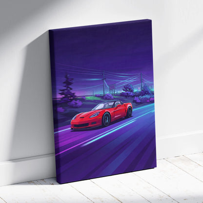 Chevrolet C6 Corvette Inspired, Neon Vaporwave Car Scene - Car Artwork Vaporwave Neon Purple Room Nostalgic Mood Canvas