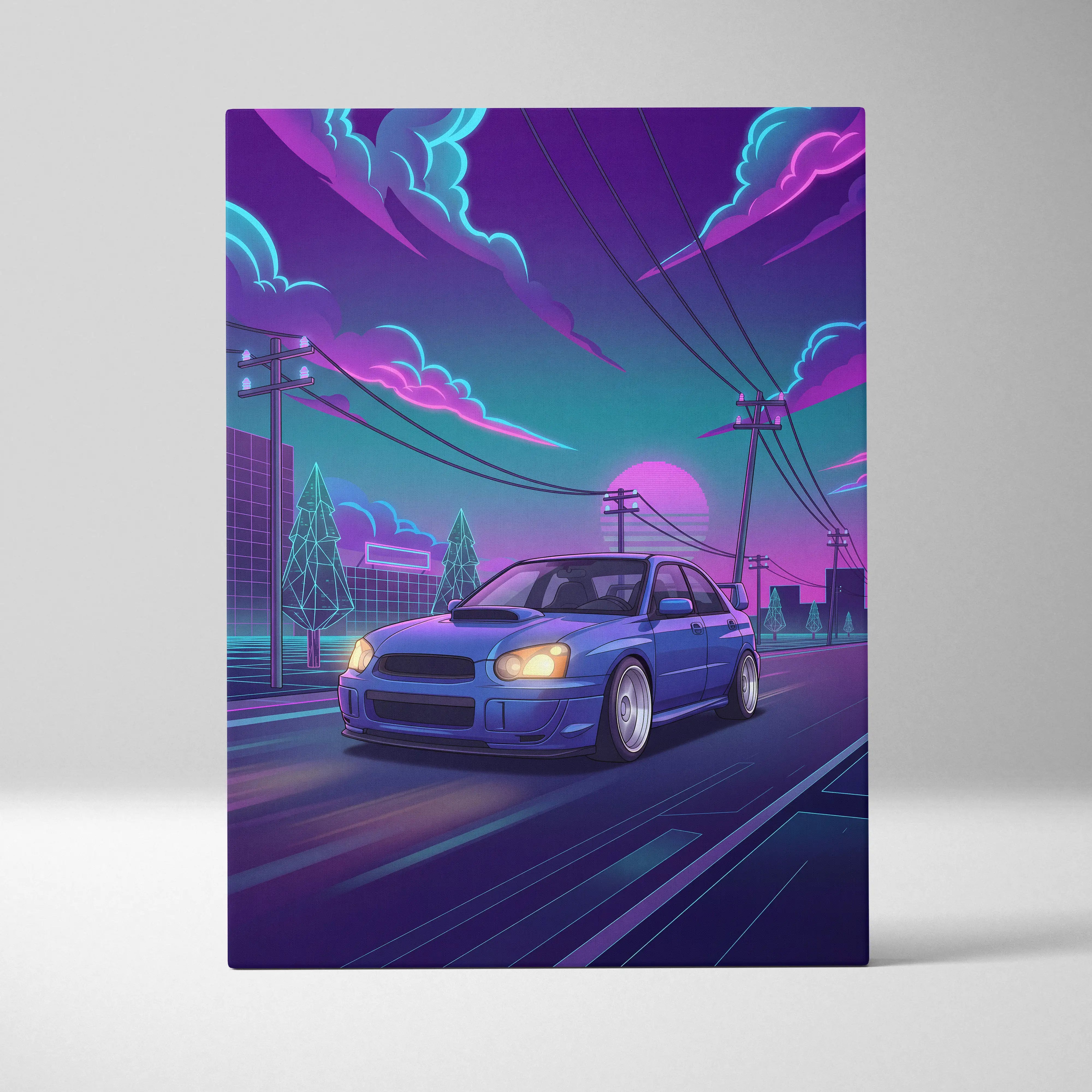 A vibrant blue subaru wrx sti inspired neon vaporwave car canvas with glowing headlights in a retro-futuristic cityscape