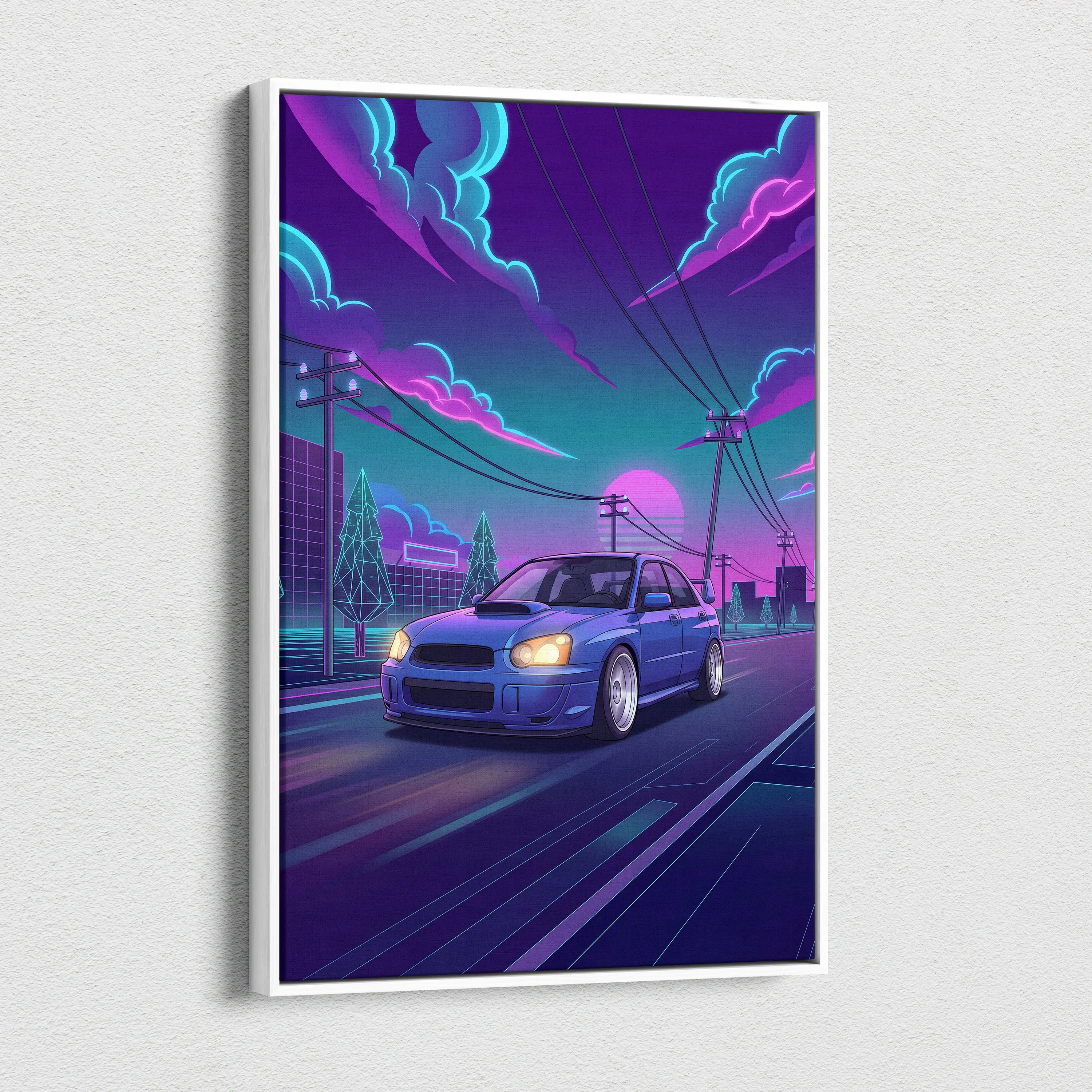 Subaru WRX STI Inspired Neon Vaporwave Car Canvas - Vaporwave Neon Pink Purple Blue Living Room Decor Retro-Futurism