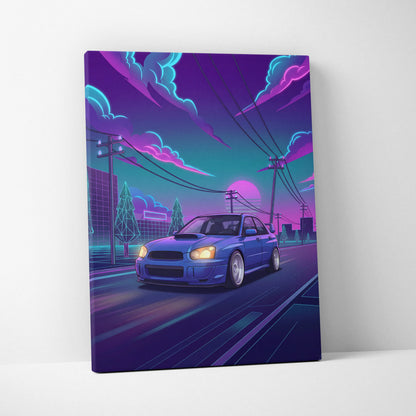 Subaru WRX STI Inspired Neon Vaporwave Car Canvas - Vaporwave Neon Pink Purple Blue Living Room Decor Retro-Futurism