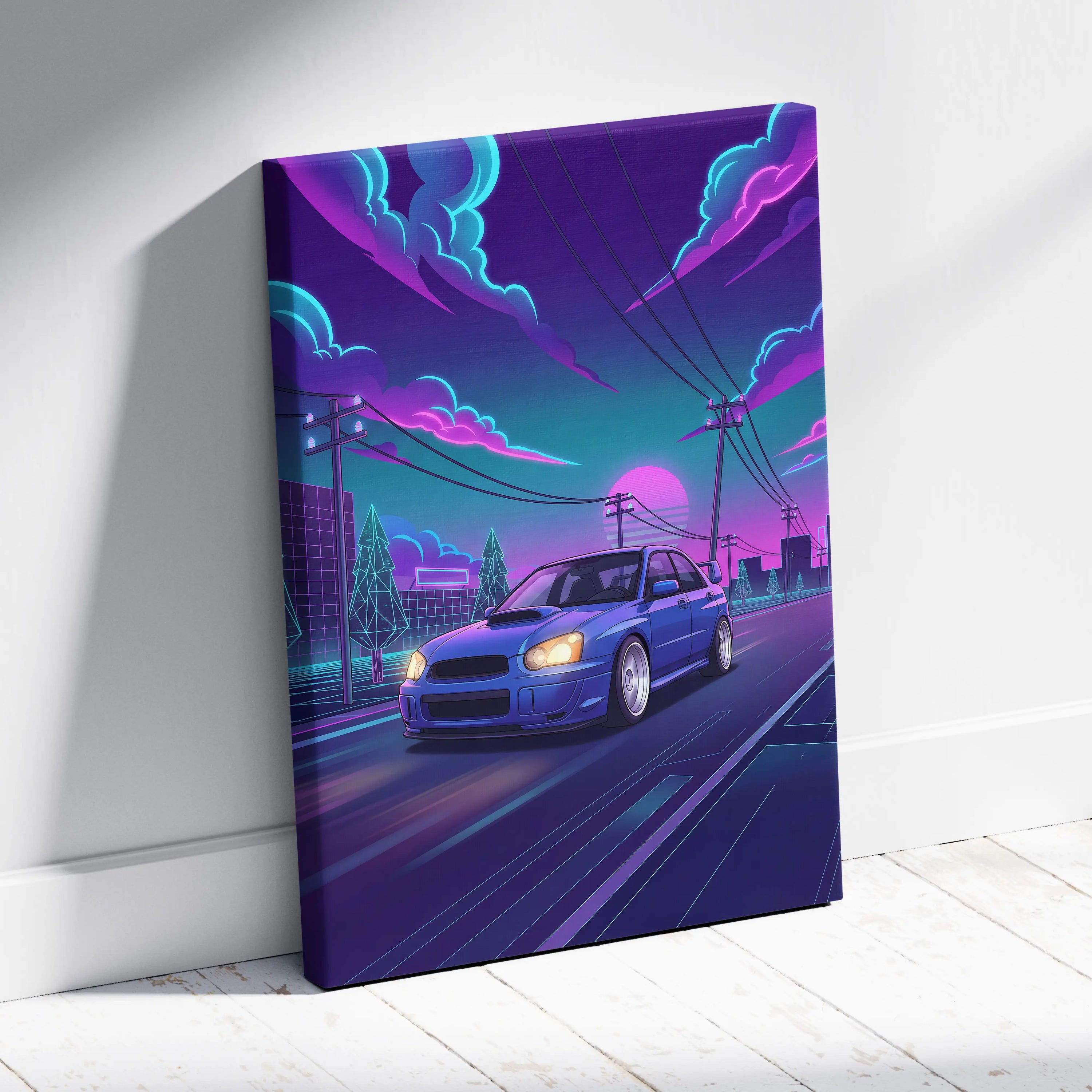 Subaru WRX STI Inspired Neon Vaporwave Car Canvas - Vaporwave Neon Pink Purple Blue Living Room Decor Retro-Futurism