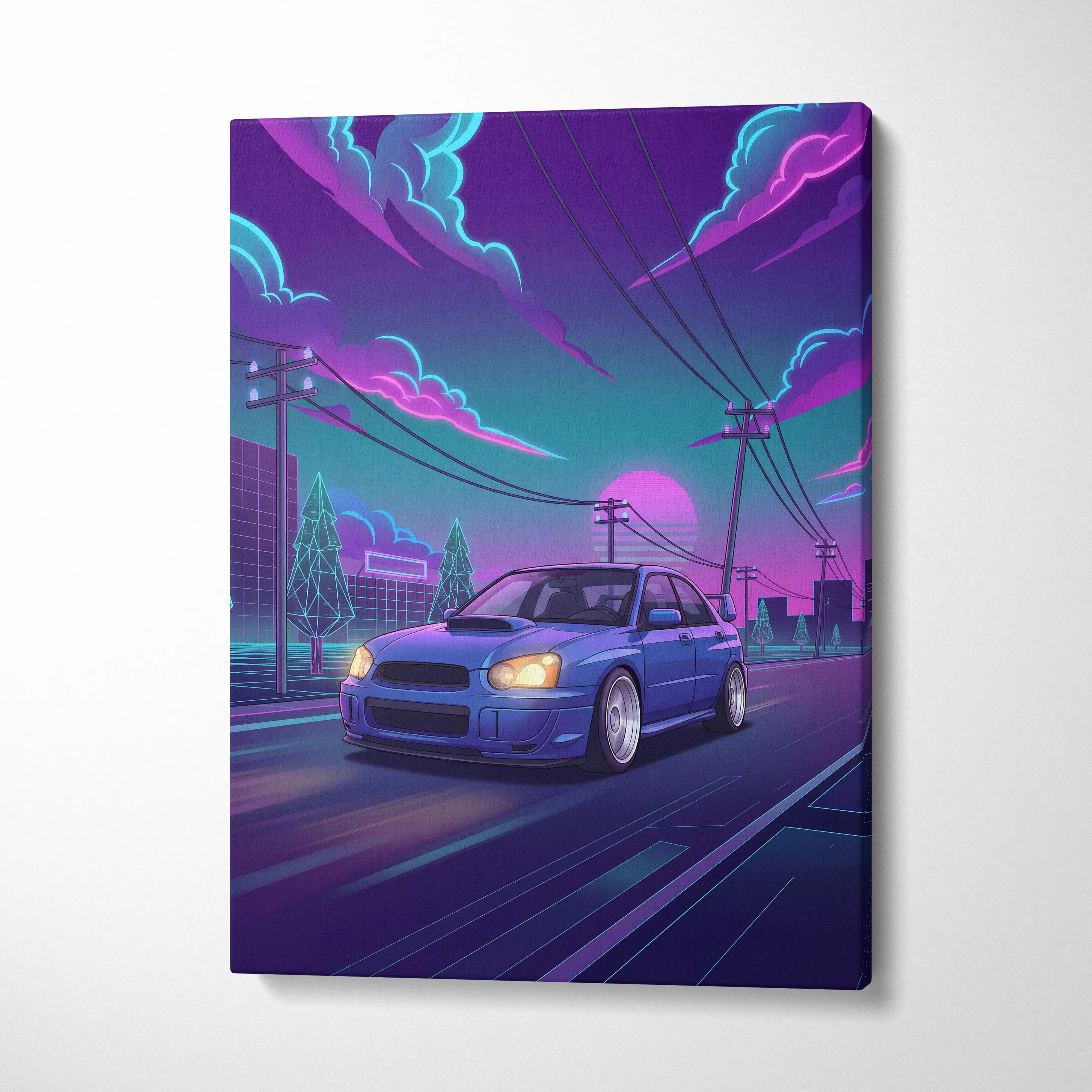 Subaru WRX STI Inspired Neon Vaporwave Car Canvas - Vaporwave Neon Pink Purple Blue Living Room Decor Retro-Futurism