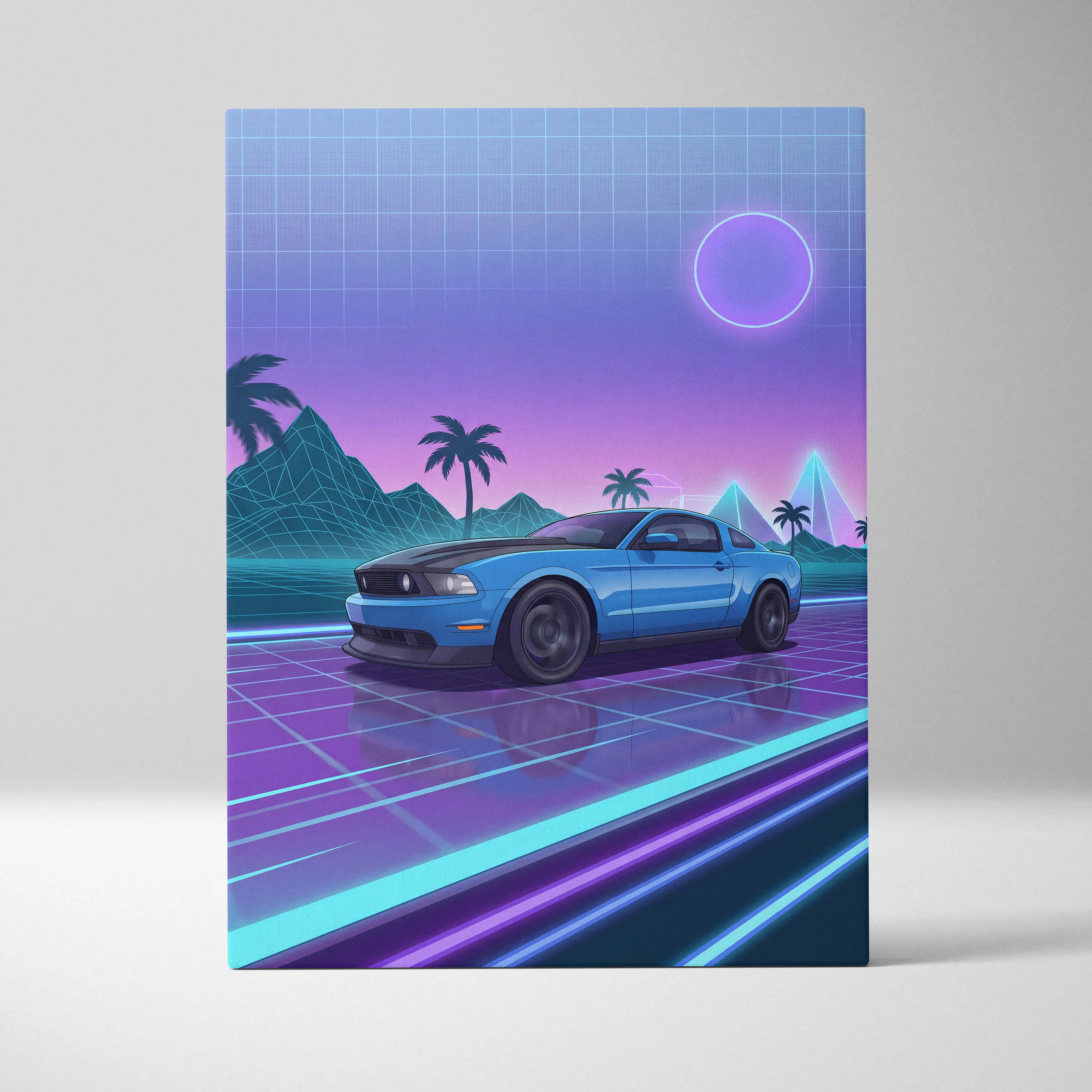 A vibrant blue ford mustang sports car in retro-futuristic vaporwave neon sunset digital art canvas for living room decor