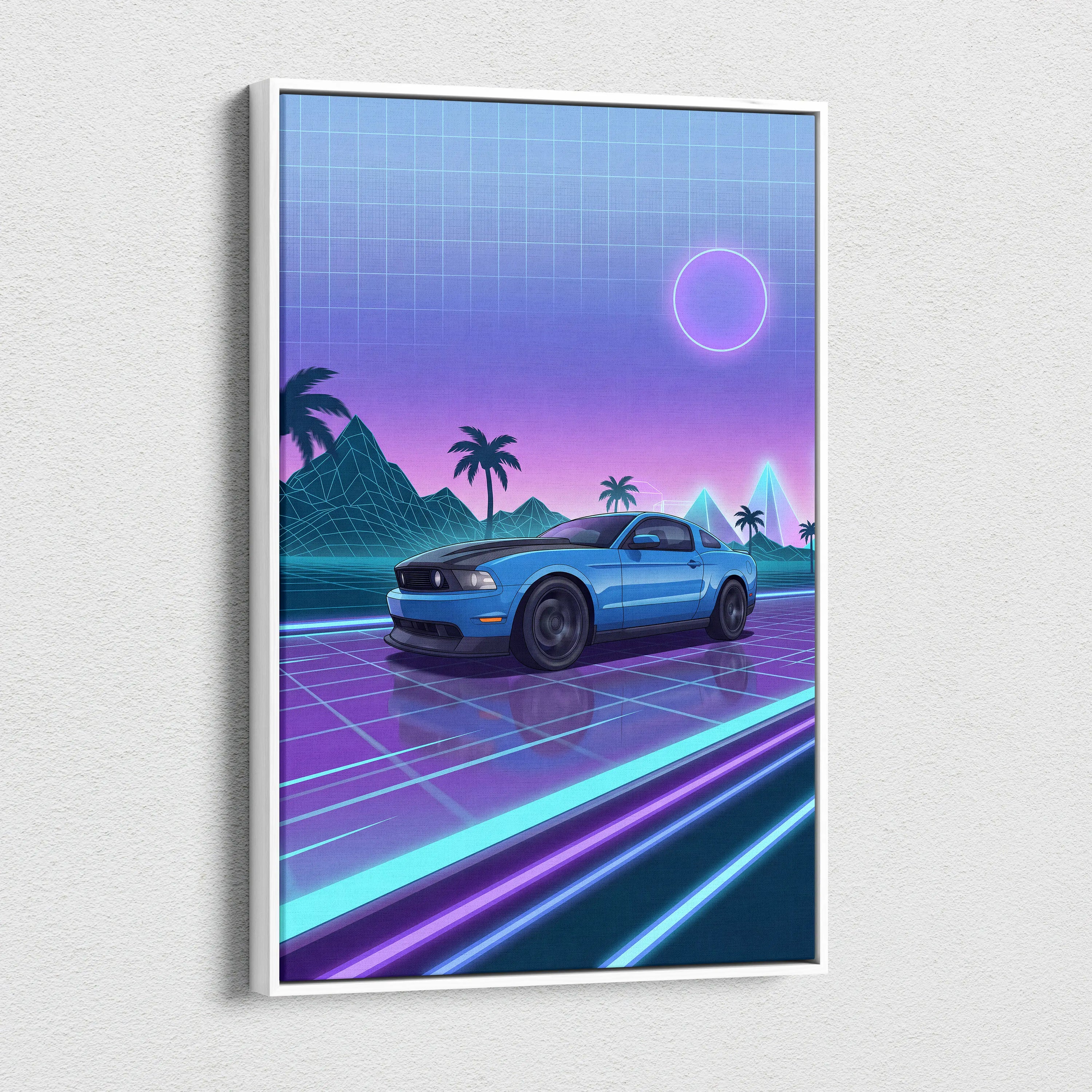 Ford Mustang Inspired Vaporwave Neon Sunset Canvas - Car Art Blue Purple Living Room Vaporwave Mood Retro Futurist Canvas