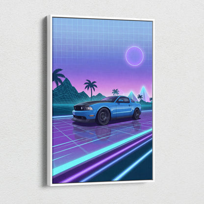 Ford Mustang Inspired Vaporwave Neon Sunset Canvas - Car Art Blue Purple Living Room Vaporwave Mood Retro Futurist Canvas