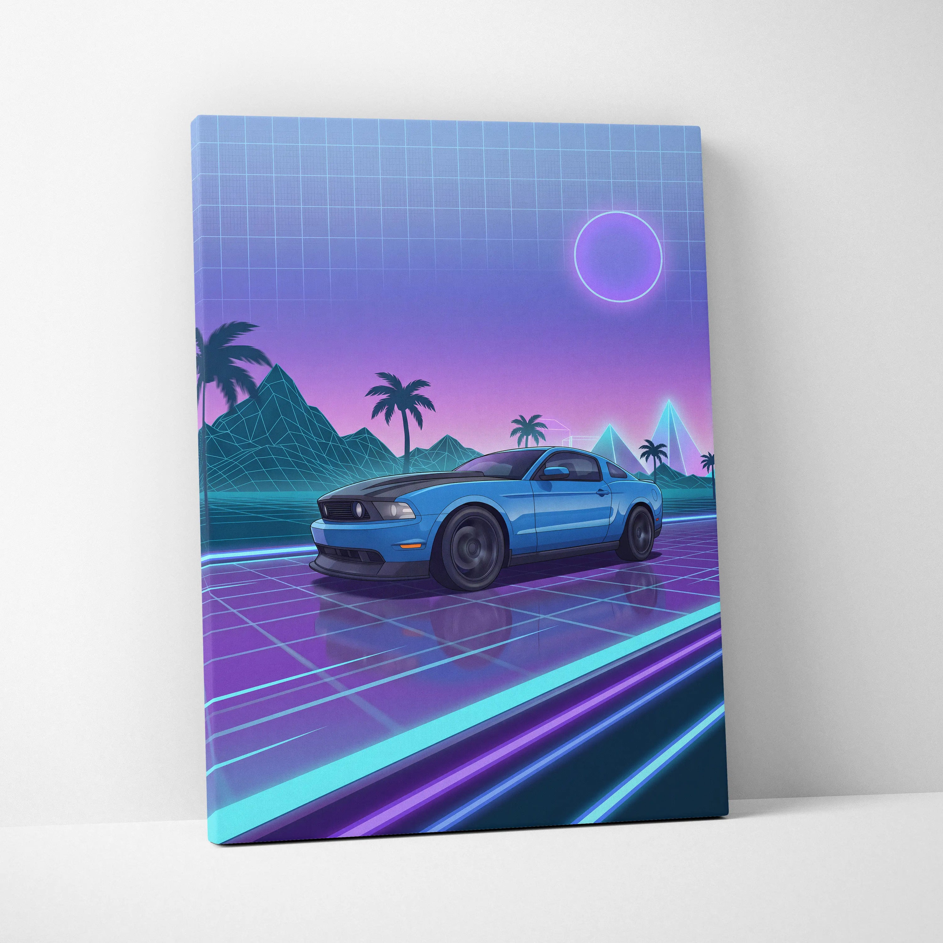 Ford Mustang Inspired Vaporwave Neon Sunset Canvas - Car Art Blue Purple Living Room Vaporwave Mood Retro Futurist Canvas