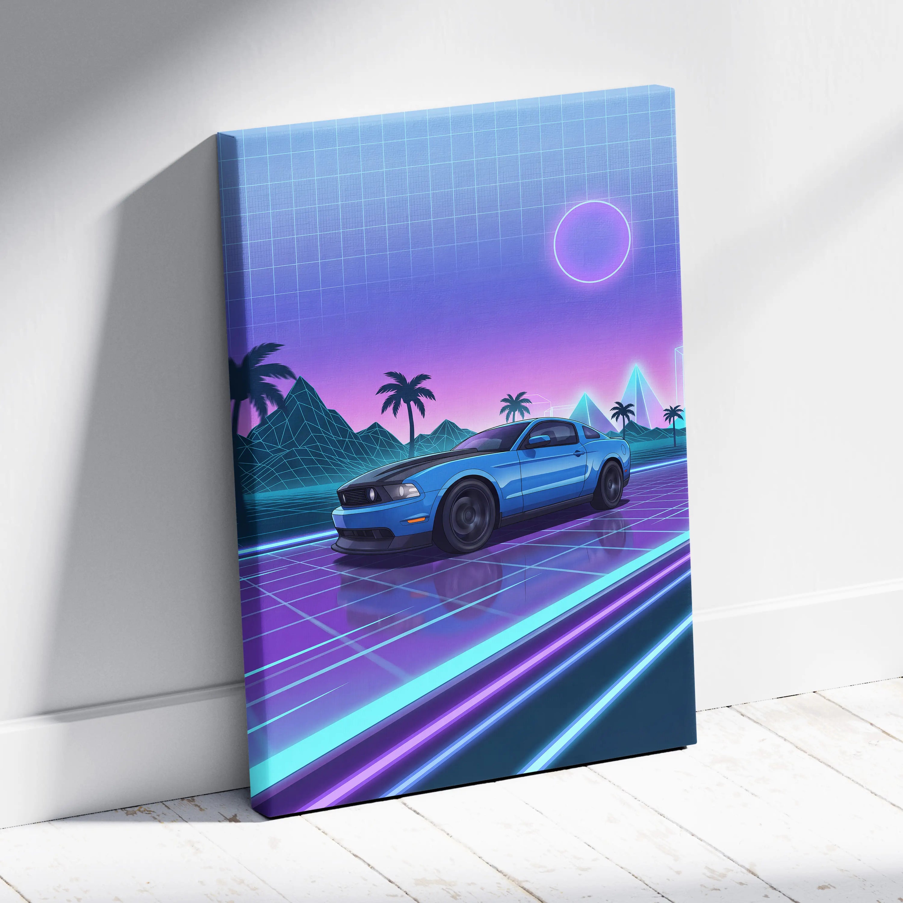 Ford Mustang Inspired Vaporwave Neon Sunset Canvas - Car Art Blue Purple Living Room Vaporwave Mood Retro Futurist Canvas
