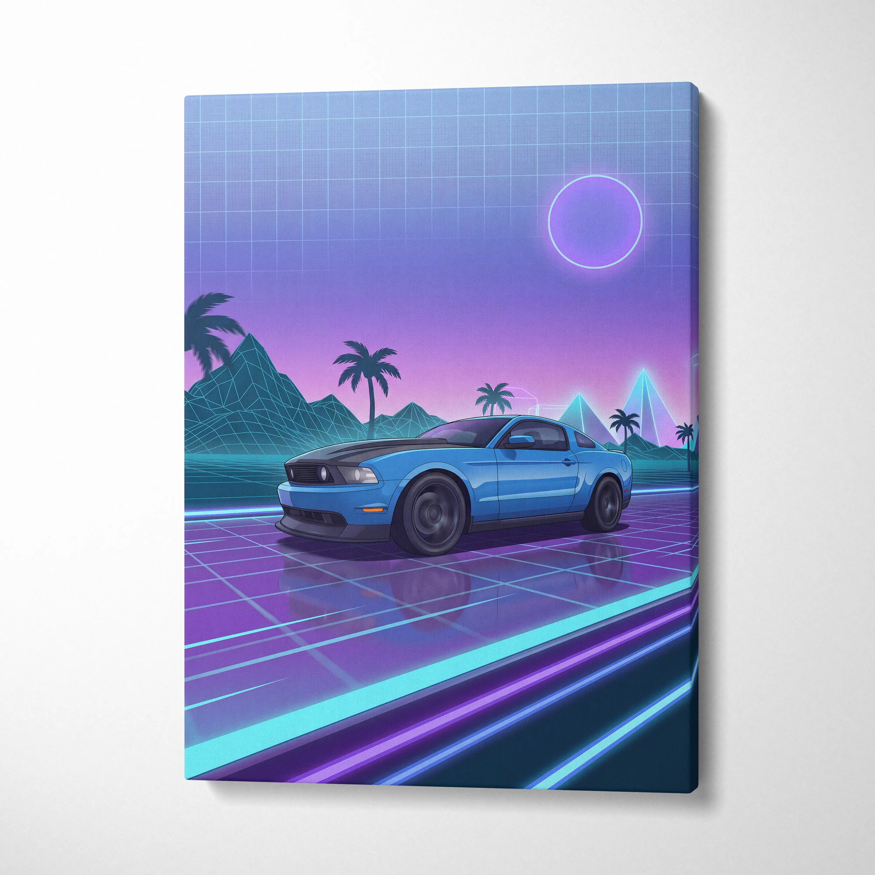 Ford Mustang Inspired Vaporwave Neon Sunset Canvas - Car Art Blue Purple Living Room Vaporwave Mood Retro Futurist Canvas