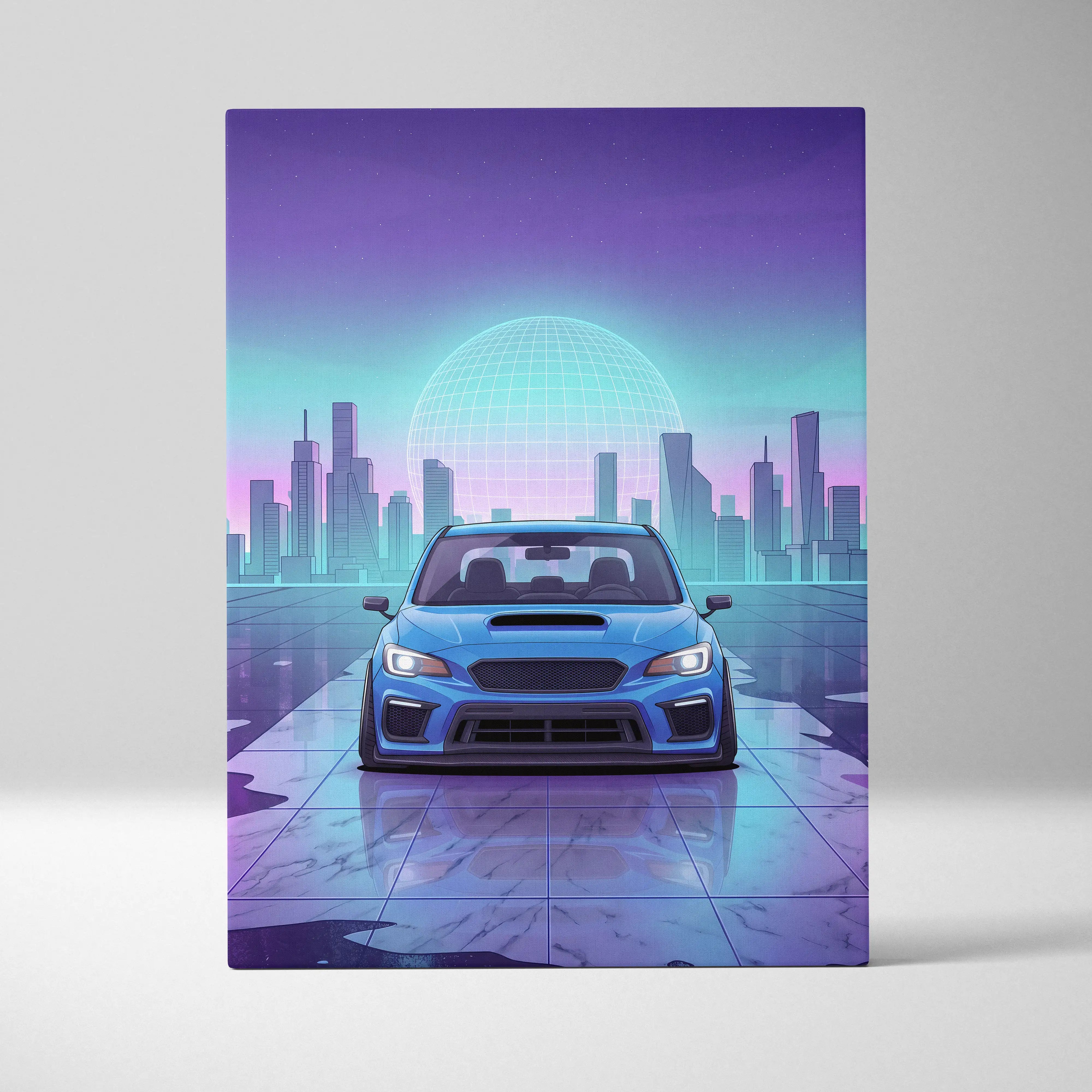 A vibrant blue Subaru WRX STI sports car with glowing headlights in neon purple teal cityscape canvas artwork