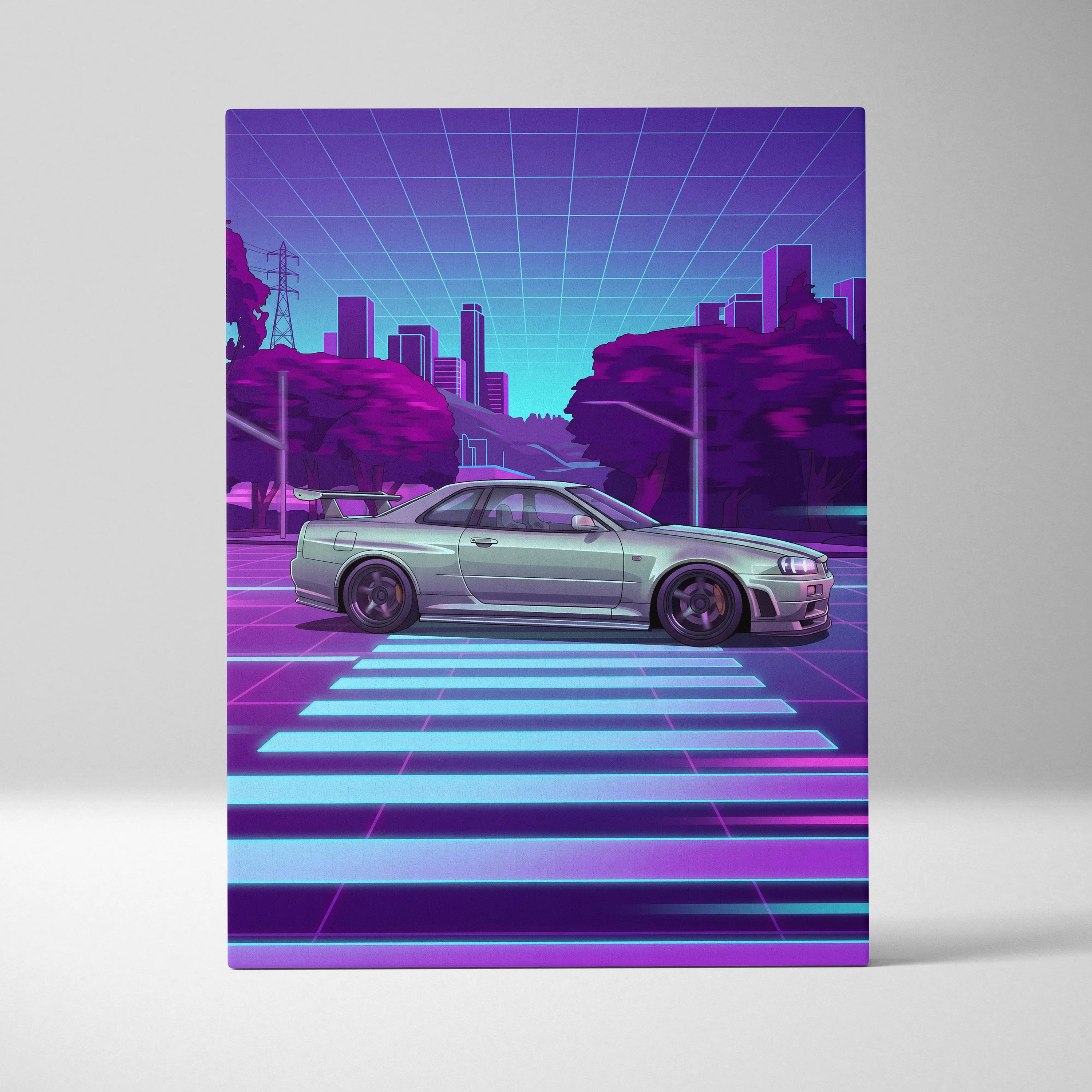 Nissan R34 GTR Inspired Neon Skyline Vaporwave Canvas - Auto Art Neon Purple Pink Room Vaporwave Nostalgic Mood