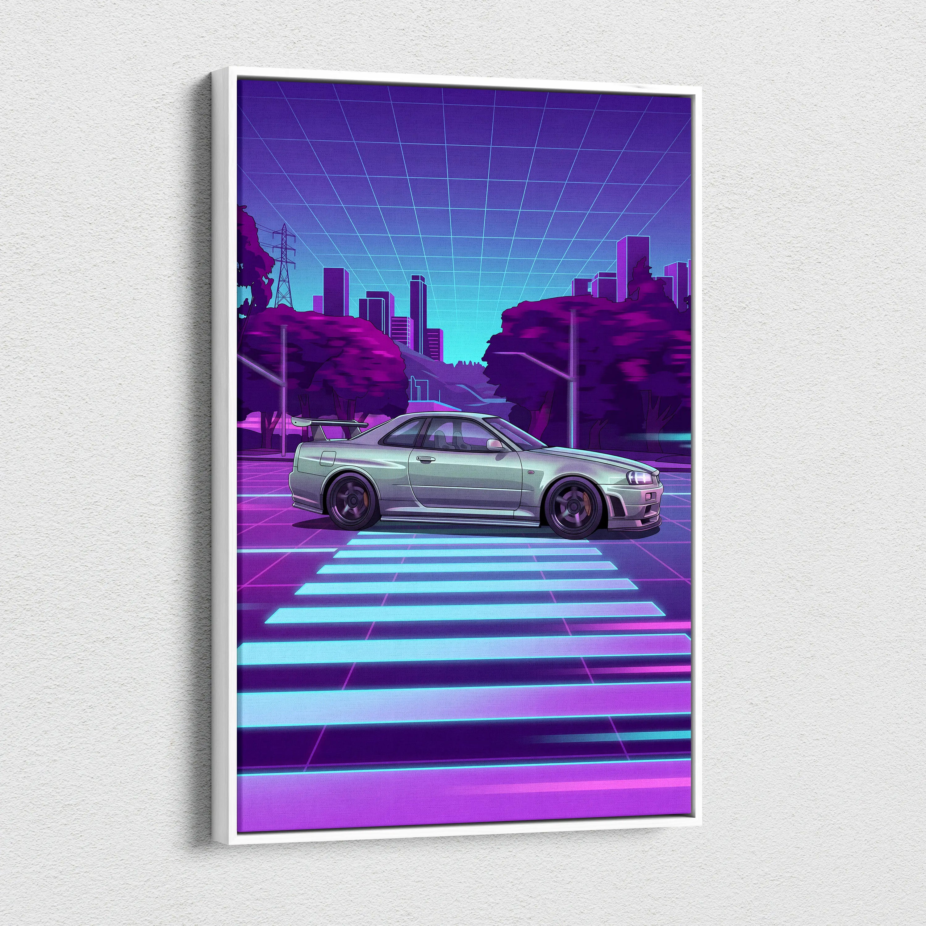 Nissan R34 GTR Inspired Neon Skyline Vaporwave Canvas - Auto Art Neon Purple Pink Room Vaporwave Nostalgic Mood