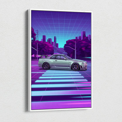 Nissan R34 GTR Inspired Neon Skyline Vaporwave Canvas - Auto Art Neon Purple Pink Room Vaporwave Nostalgic Mood