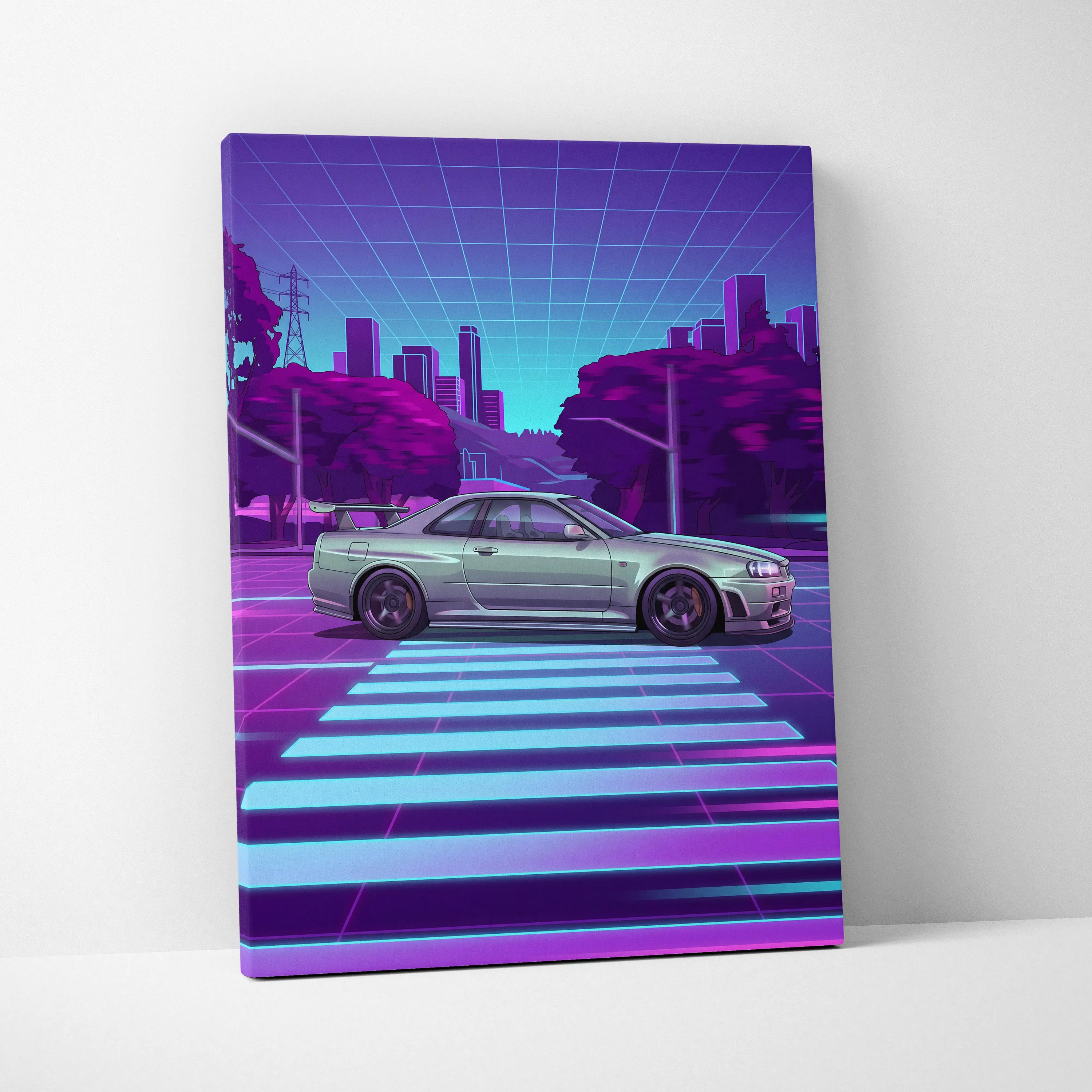 Nissan R34 GTR Inspired Neon Skyline Vaporwave Canvas - Auto Art Neon Purple Pink Room Vaporwave Nostalgic Mood