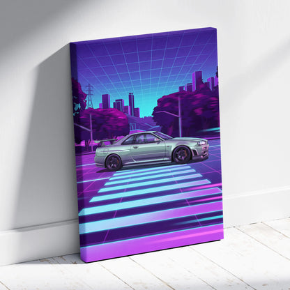 Nissan R34 GTR Inspired Neon Skyline Vaporwave Canvas - Auto Art Neon Purple Pink Room Vaporwave Nostalgic Mood