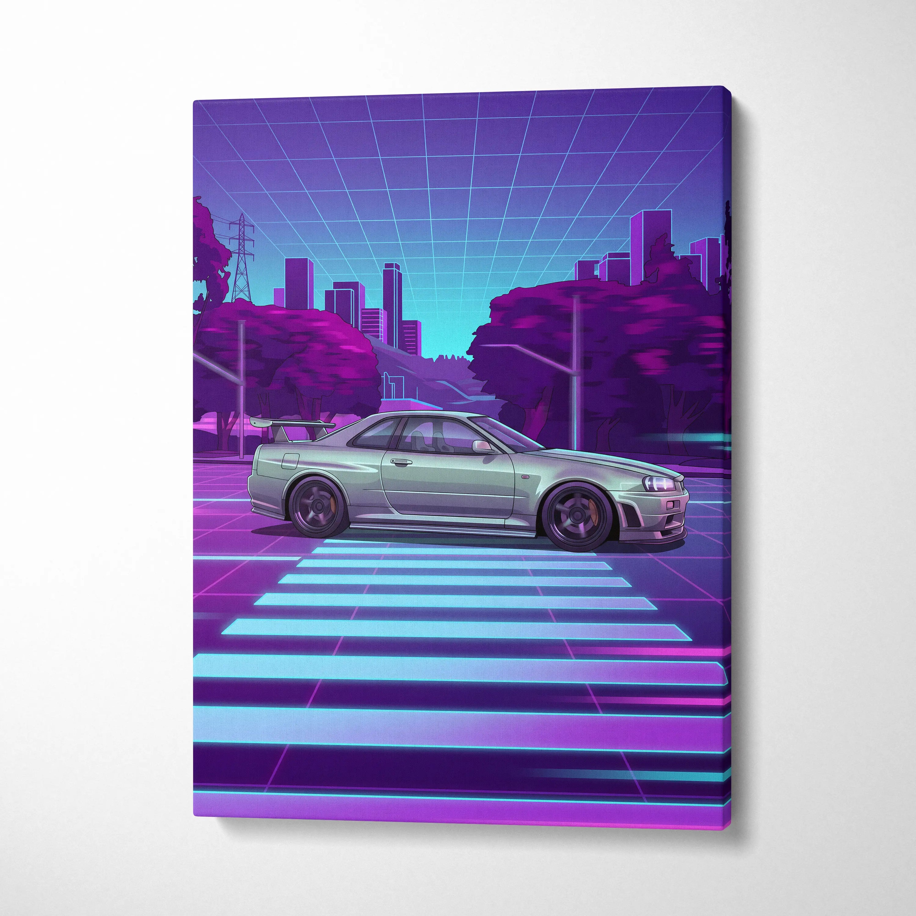 Nissan R34 GTR Inspired Neon Skyline Vaporwave Canvas - Auto Art Neon Purple Pink Room Vaporwave Nostalgic Mood