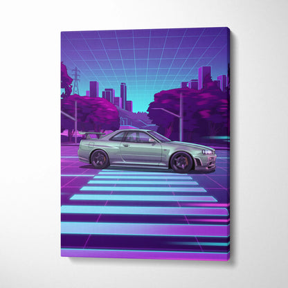 Nissan R34 GTR Inspired Neon Skyline Vaporwave Canvas - Auto Art Neon Purple Pink Room Vaporwave Nostalgic Mood