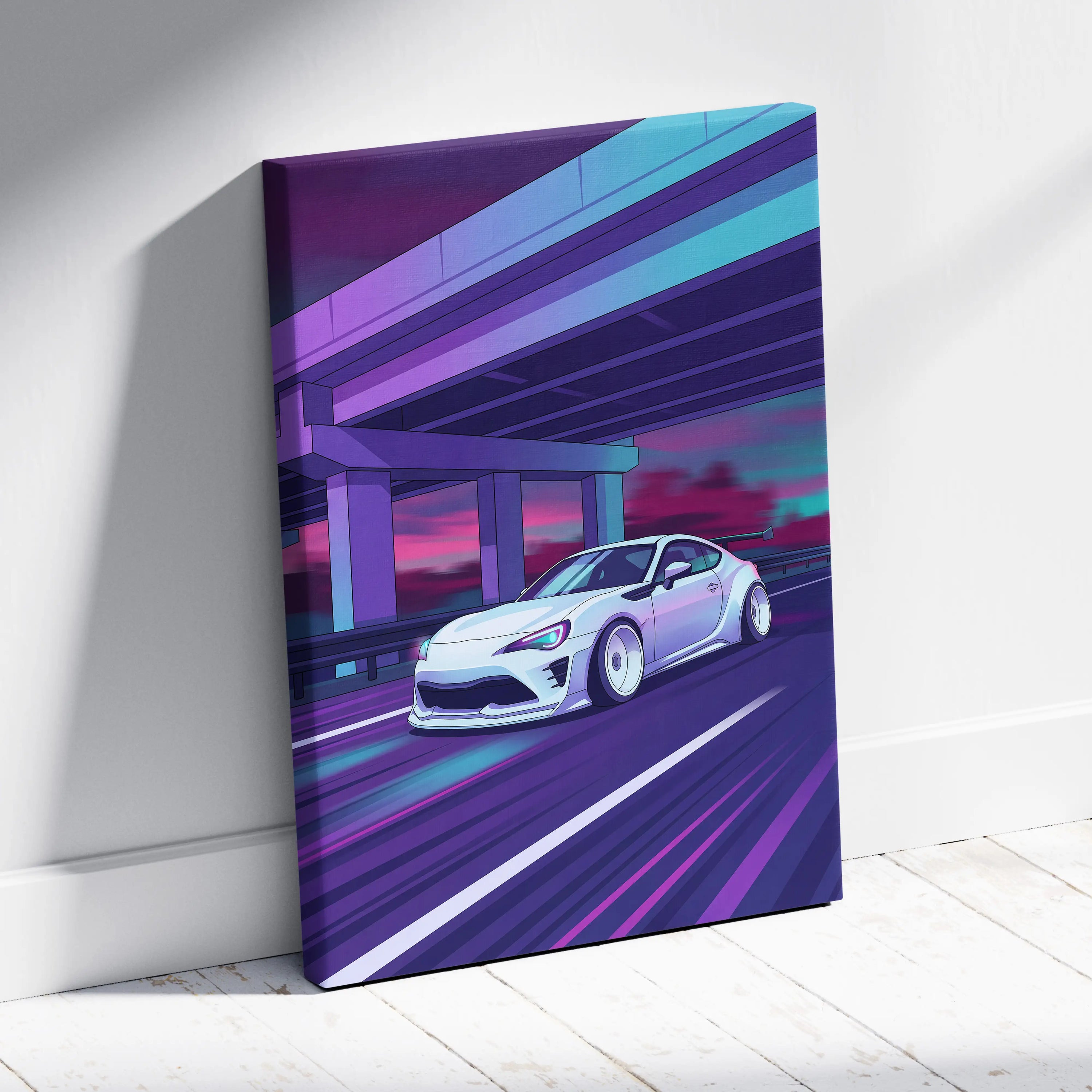 Subaru BRZ Inspired Neon Vaporwave Canvas Art - Car Neon Purple Teal Living Room Vaporwave Mood Nostalgic Wall Art