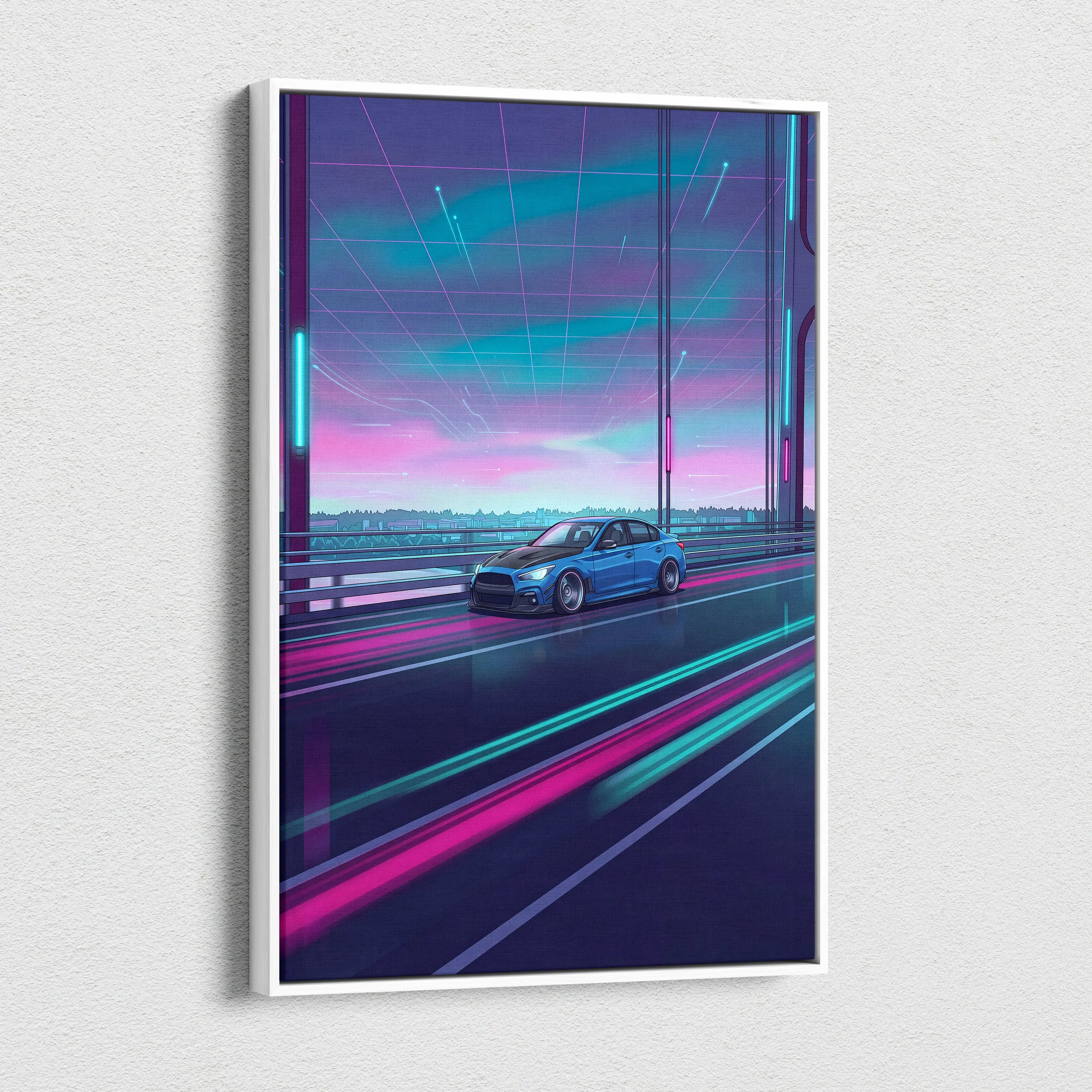 Infiniti Q50 Inspired Neon Vaporwave Canvas Art - Vaporwave Car Art Neon Pink Blue Living Room Decor Retro Neon