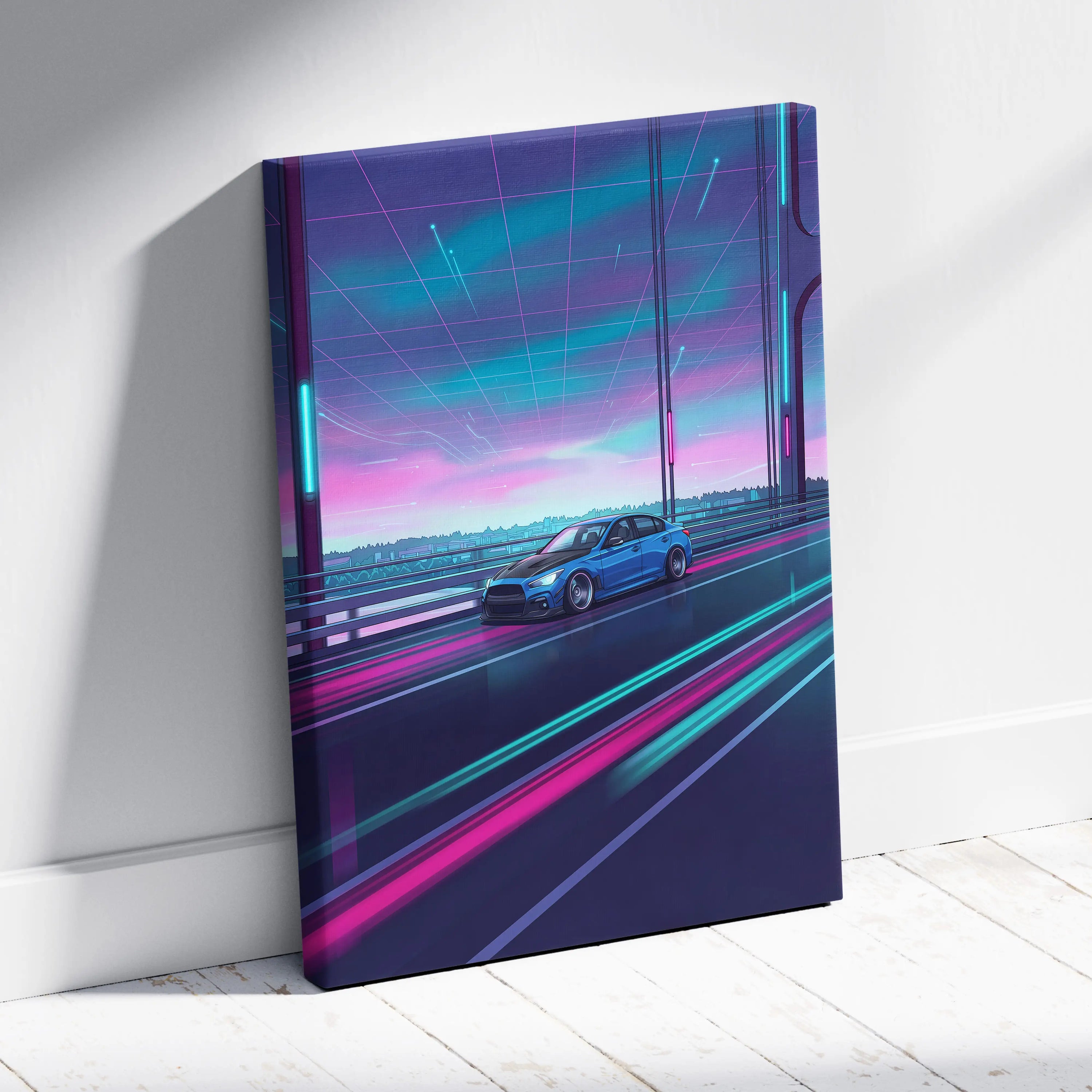 Infiniti Q50 Inspired Neon Vaporwave Canvas Art - Vaporwave Car Art Neon Pink Blue Living Room Decor Retro Neon