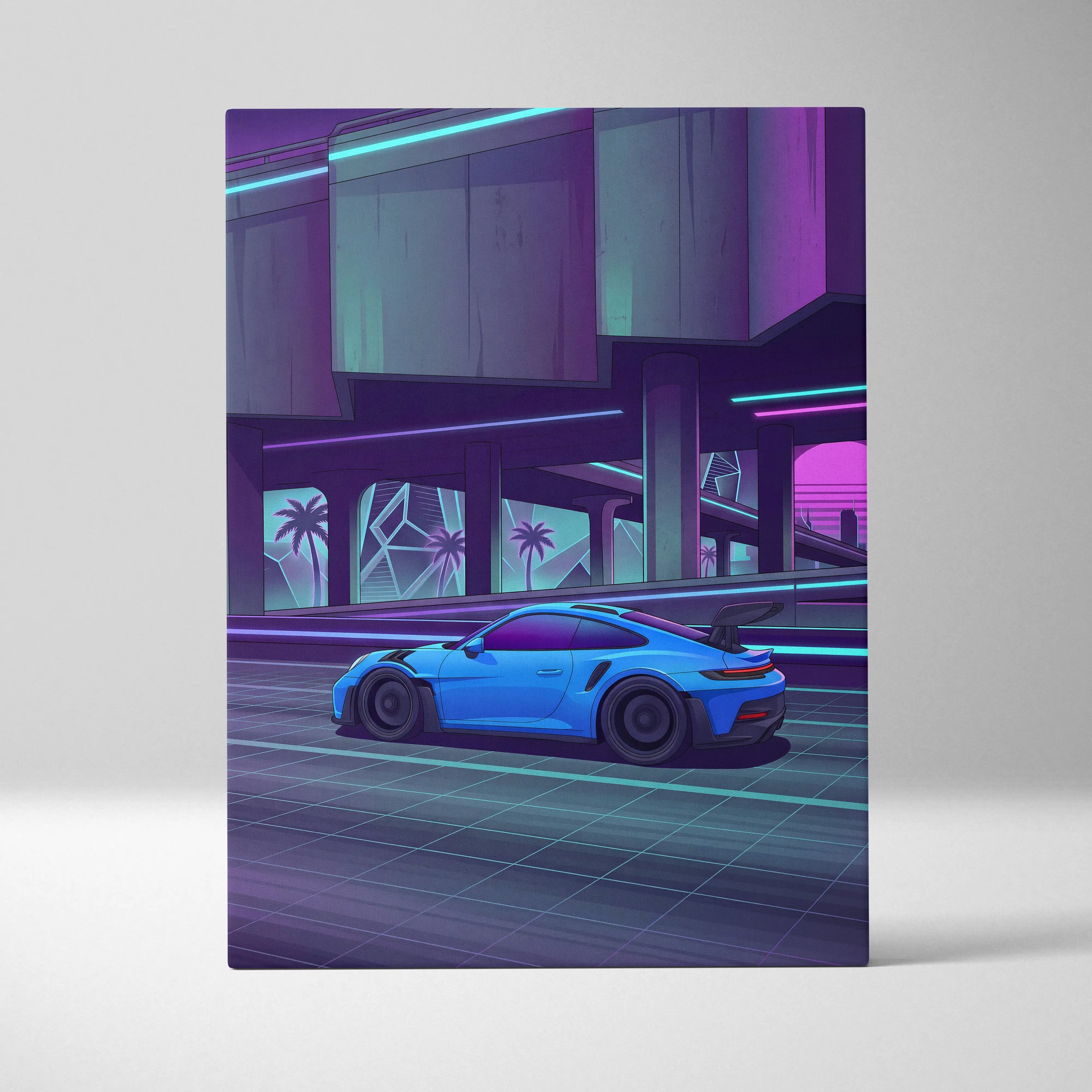 Porsche 911 GT3RS Inspired, Neon Vaporwave City Drive - Neon Purple Blue Living Room Canvas Neon Mood Retro Futuristic Art