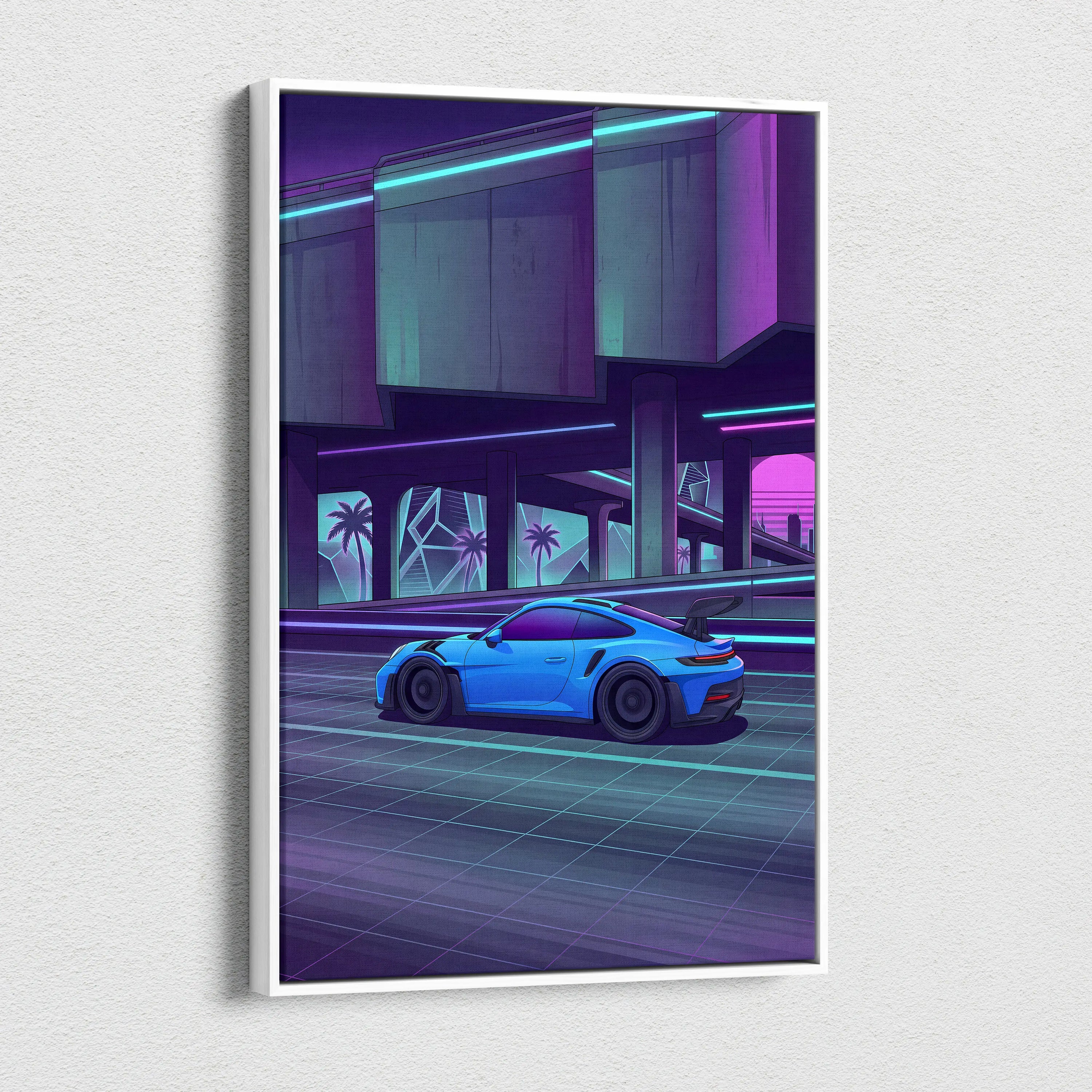Porsche 911 GT3RS Inspired, Neon Vaporwave City Drive - Neon Purple Blue Living Room Canvas Neon Mood Retro Futuristic Art