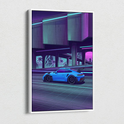 Porsche 911 GT3RS Inspired, Neon Vaporwave City Drive - Neon Purple Blue Living Room Canvas Neon Mood Retro Futuristic Art