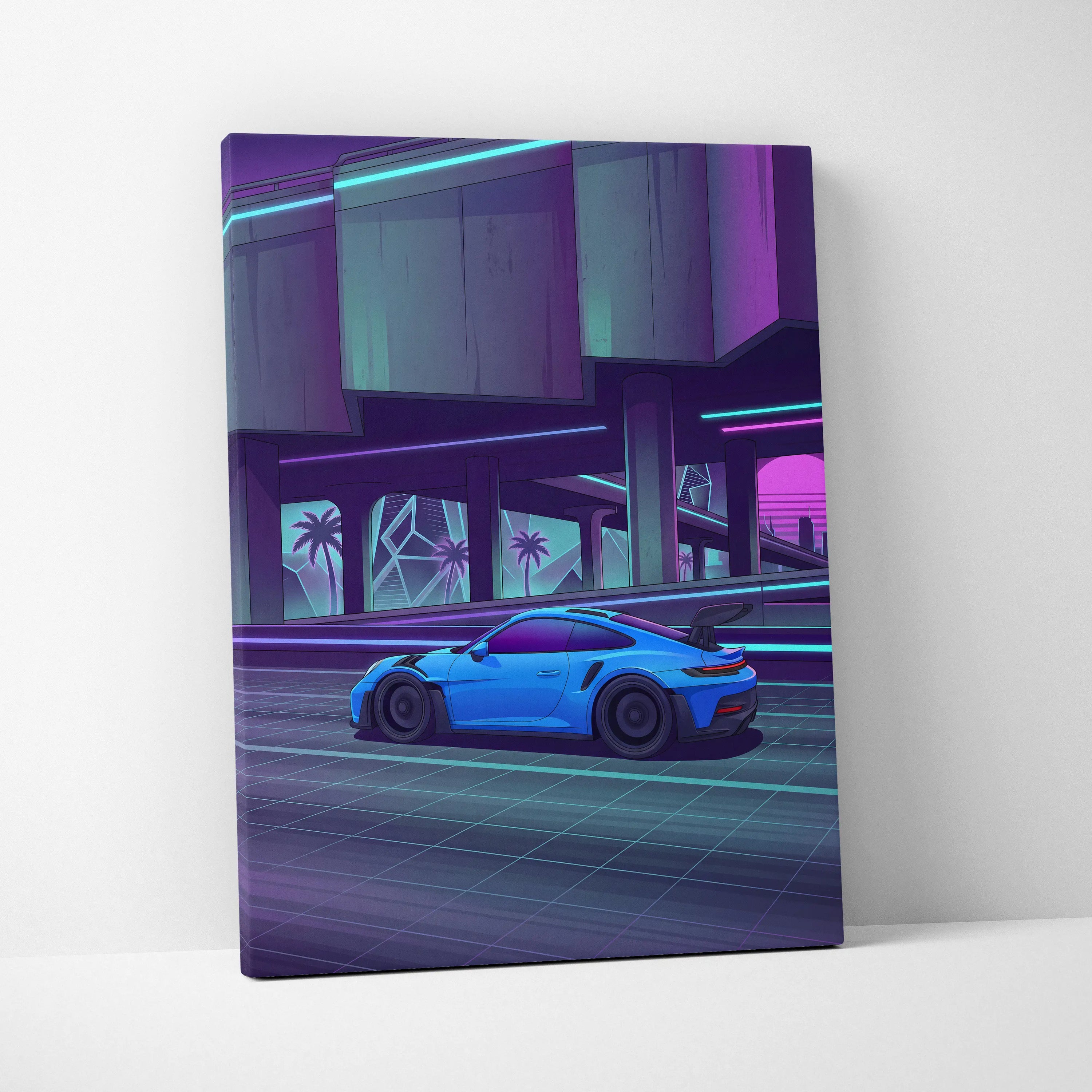 Porsche 911 GT3RS Inspired, Neon Vaporwave City Drive - Neon Purple Blue Living Room Canvas Neon Mood Retro Futuristic Art