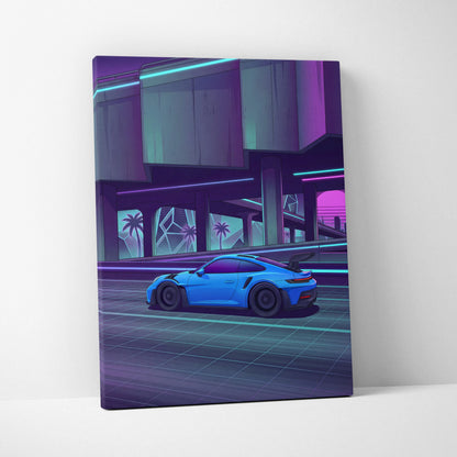 Porsche 911 GT3RS Inspired, Neon Vaporwave City Drive - Neon Purple Blue Living Room Canvas Neon Mood Retro Futuristic Art
