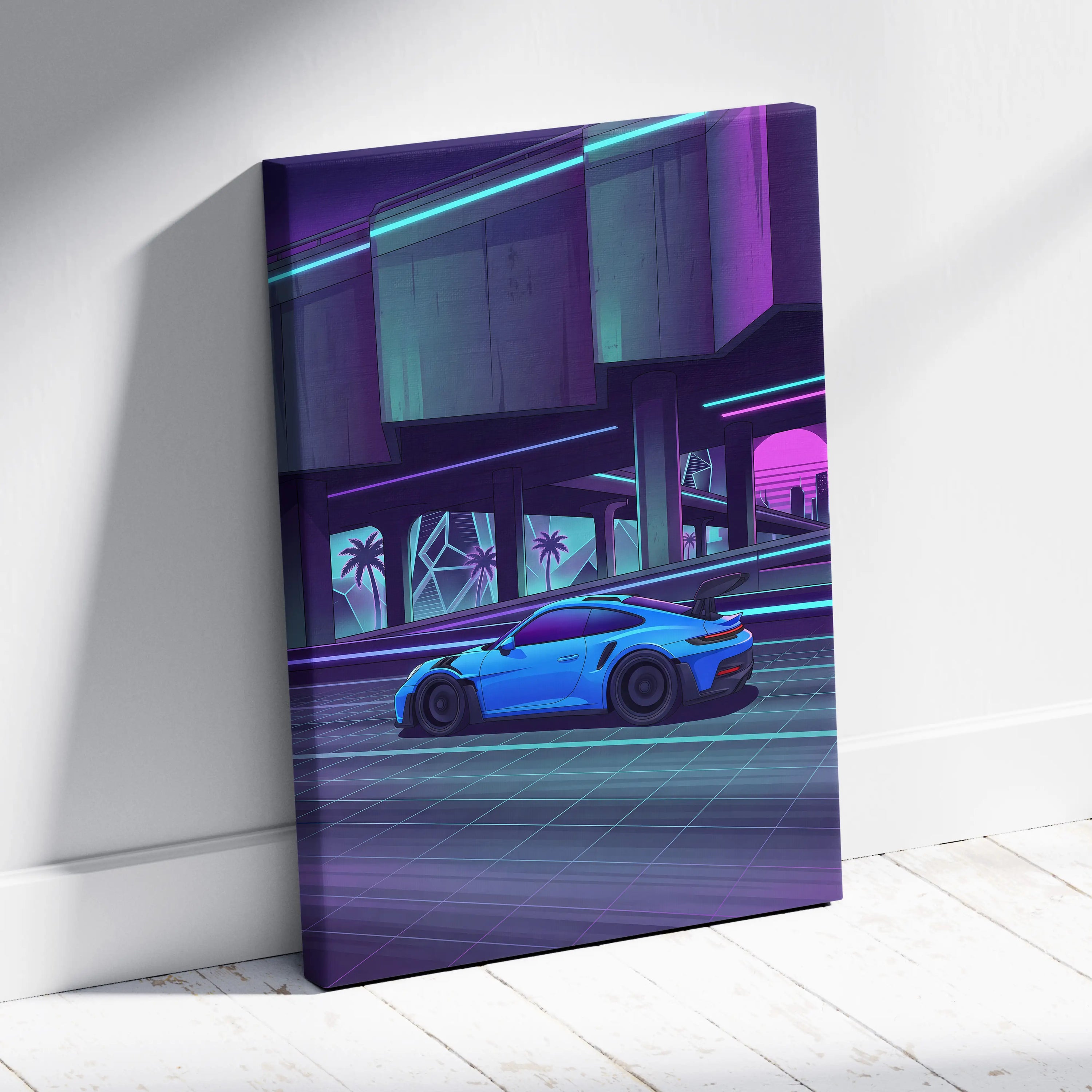 Porsche 911 GT3RS Inspired, Neon Vaporwave City Drive - Neon Purple Blue Living Room Canvas Neon Mood Retro Futuristic Art
