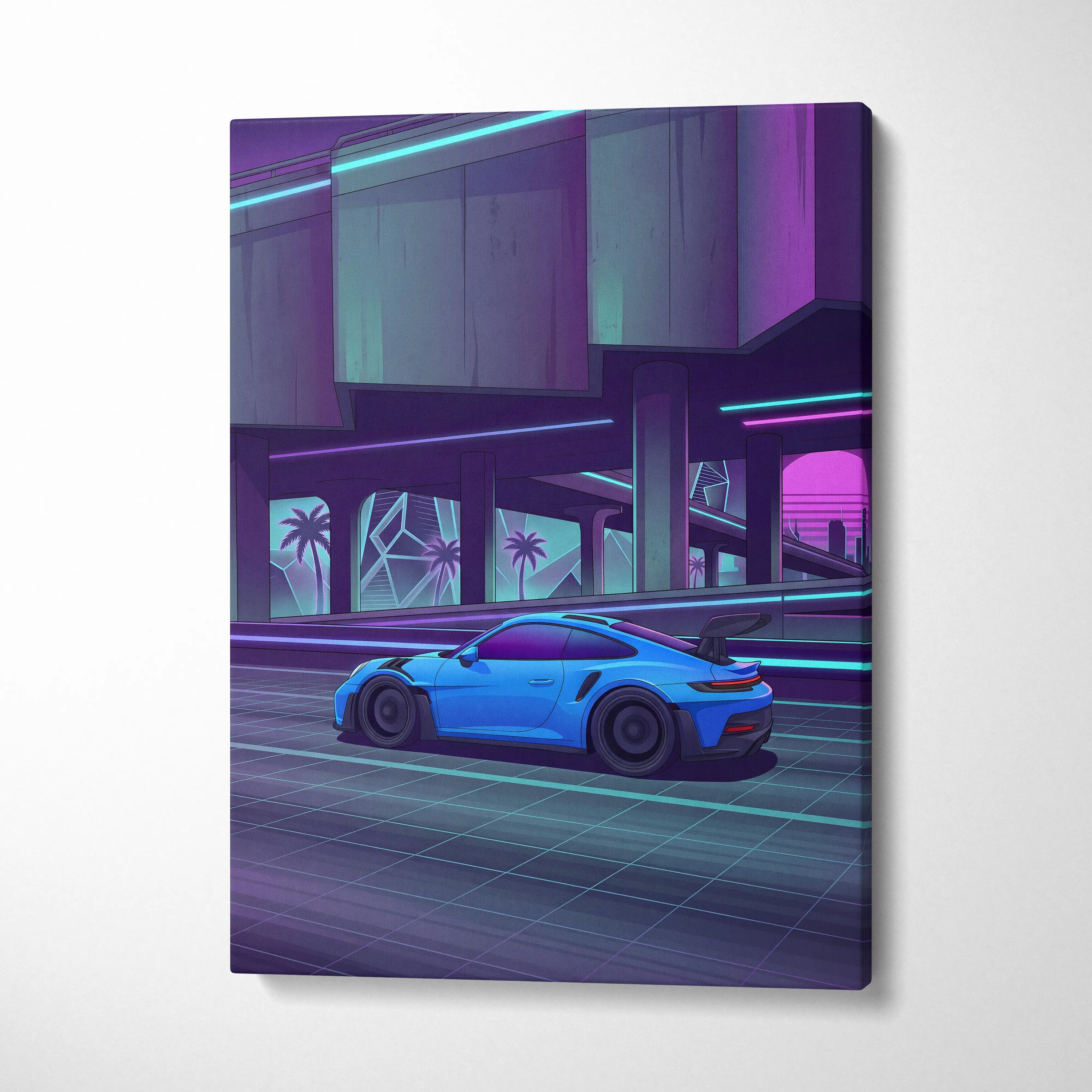 Porsche 911 GT3RS Inspired, Neon Vaporwave City Drive - Neon Purple Blue Living Room Canvas Neon Mood Retro Futuristic Art